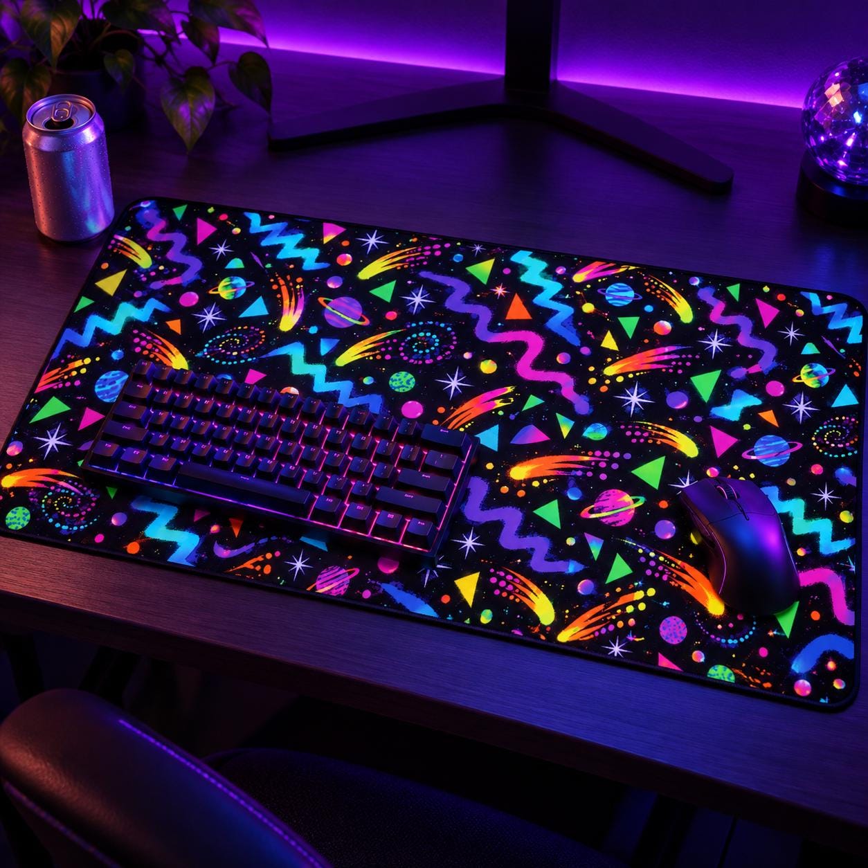 Arcade carpet desk mat with neon squiggles, comets and planets on a gaming desk under RGB lighting