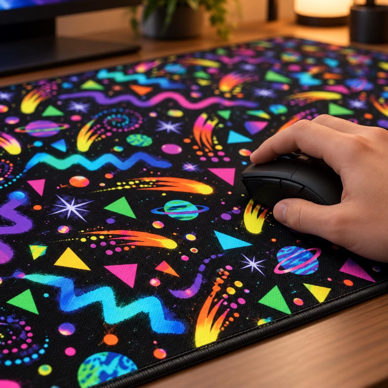 Arcade carpet desk mat with neon squiggles, comets and planets on a gaming desk under RGB lighting
