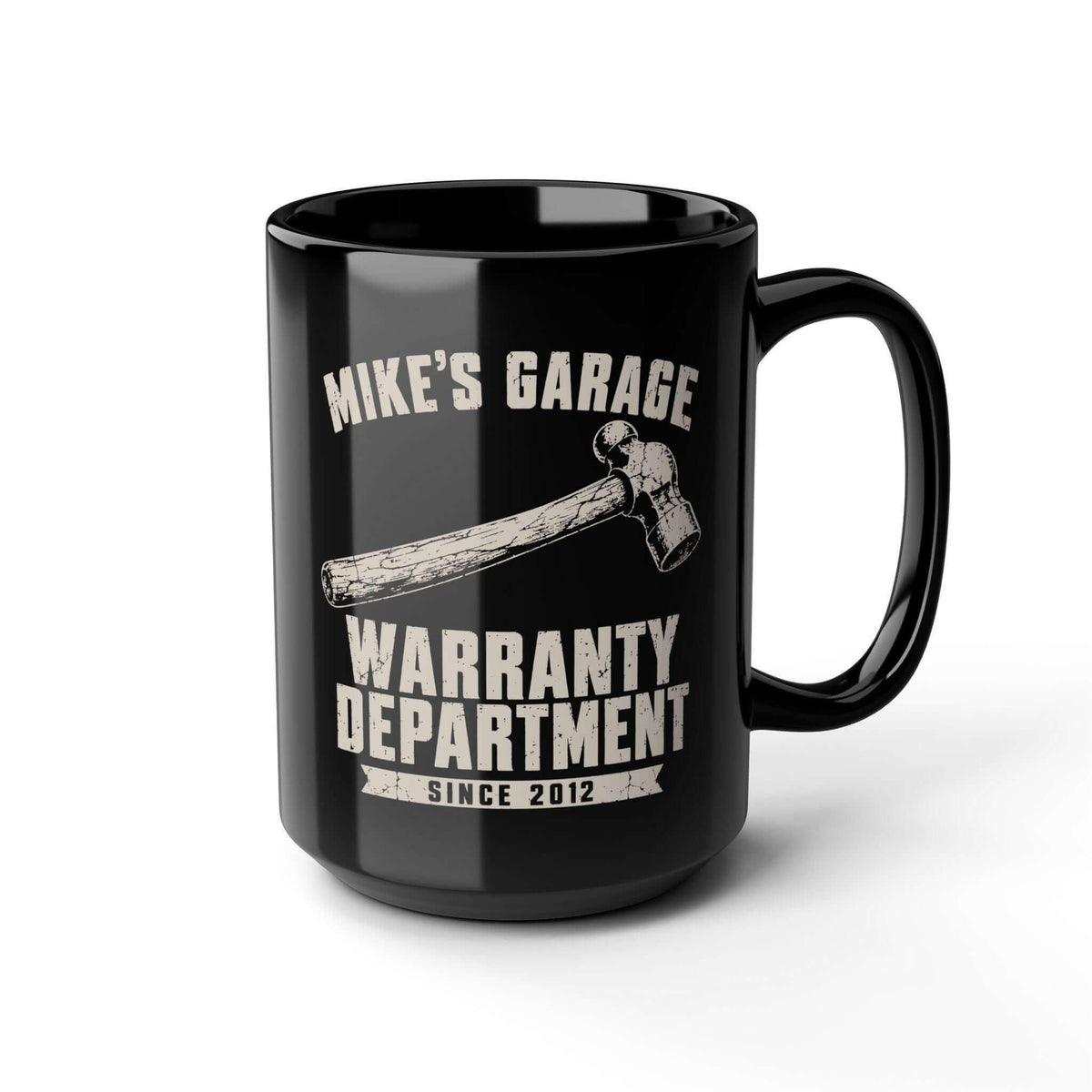 Warranty Department Personalized Garage Mug - 15oz black coffee mug, angled view