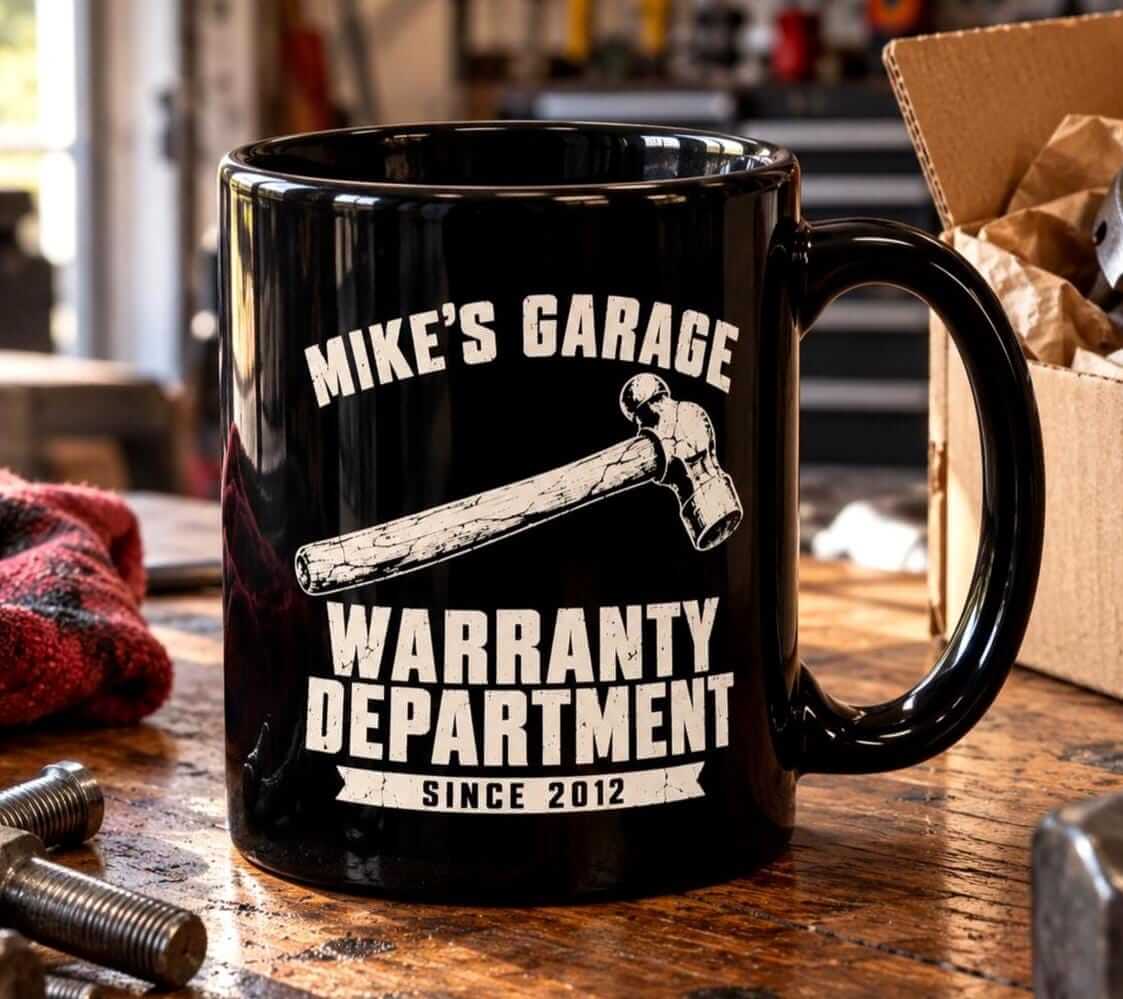 Personalized Warranty Department garage coffee mug on a workbench in a home garage