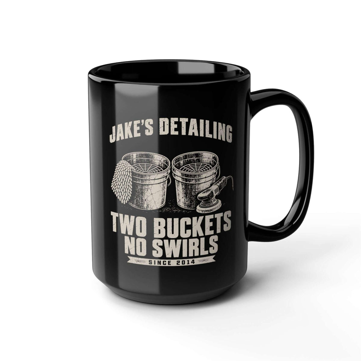Two Buckets No Swirls Personalized Mug - 15oz black coffee mug, angled view