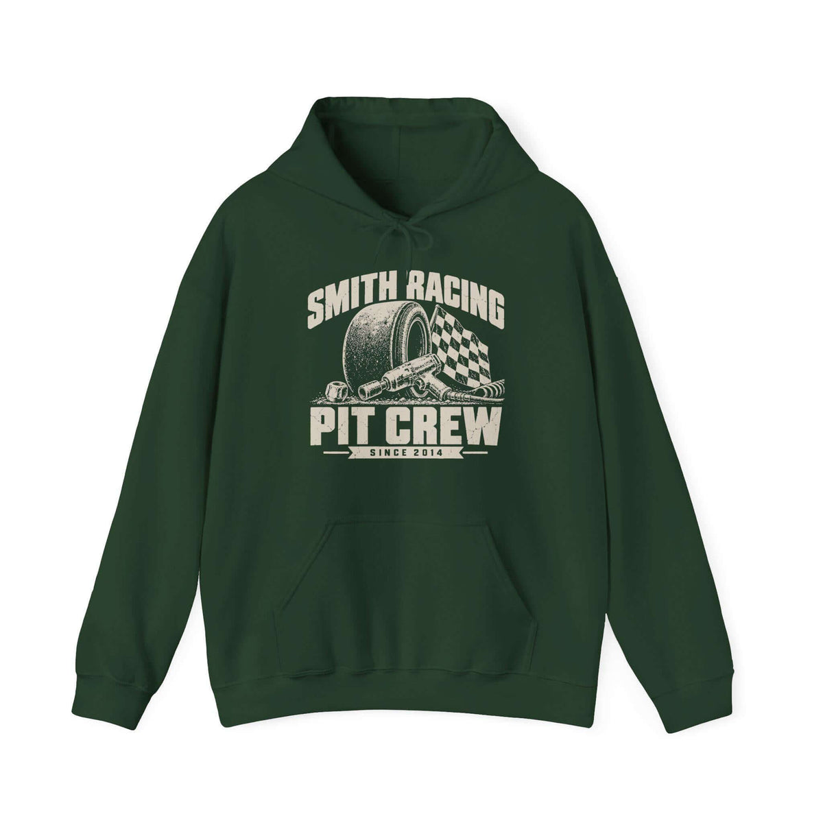 Forest Green hoodie with a personalized Smith Racing Pit Crew Since 2014 print: racing slick, impact wrench and checkered flag