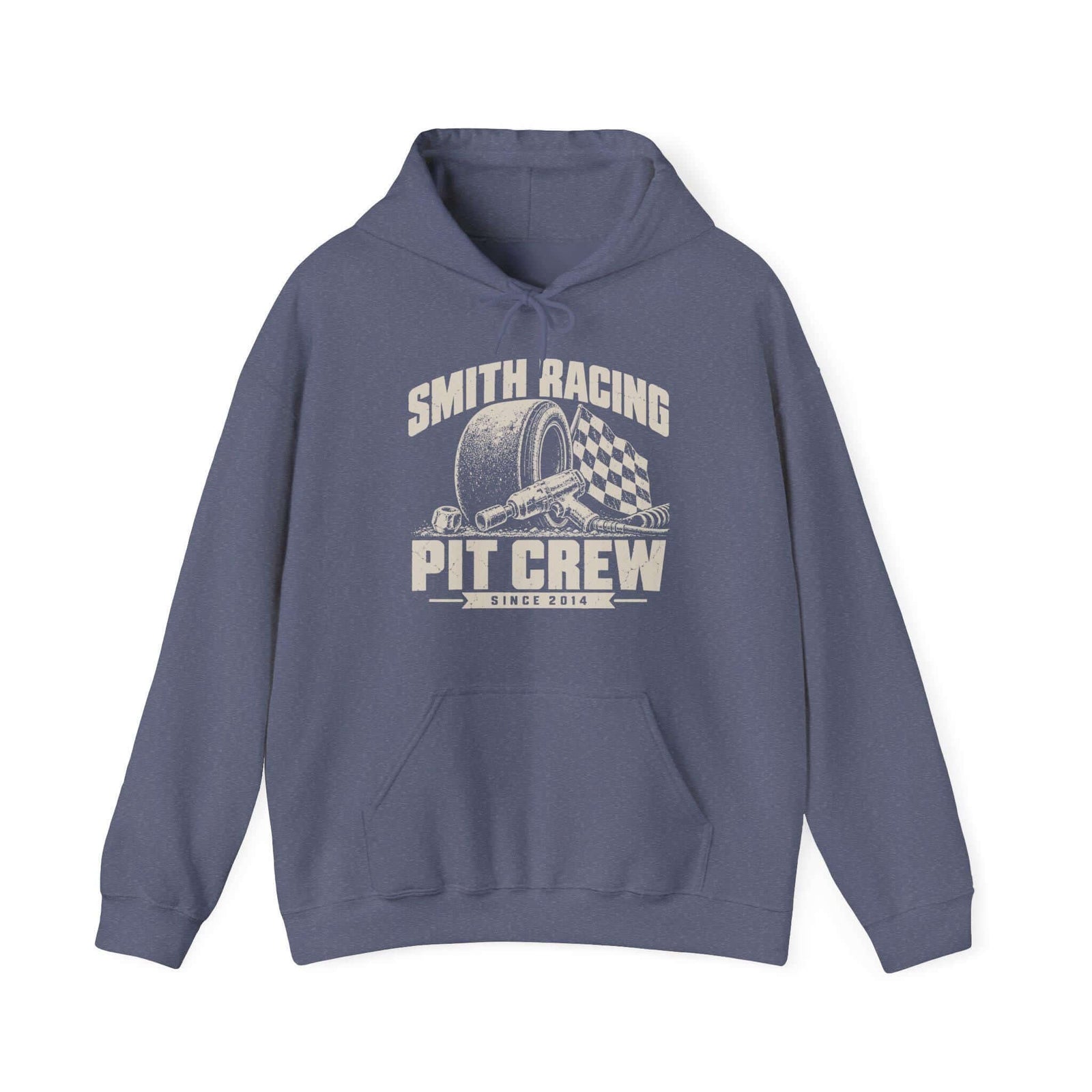 Heather Navy hoodie with a personalized Smith Racing Pit Crew Since 2014 print: racing slick, impact wrench and checkered flag