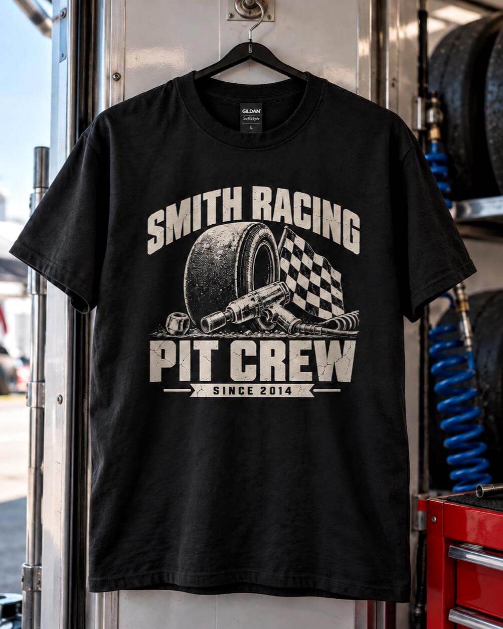 Black personalized Pit Crew racing t-shirt hanging inside a race trailer next to racing tires