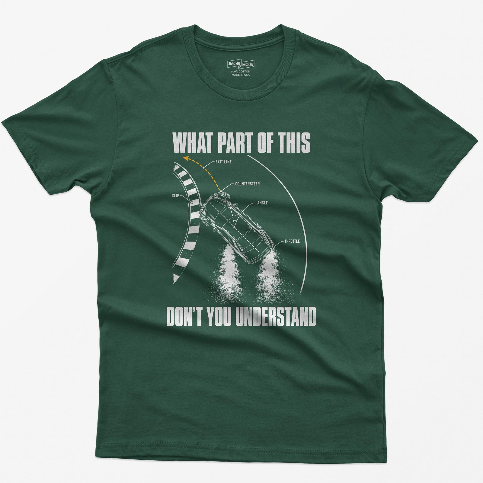Forest Green t-shirt with a What Part Of This Don't You Understand print: a drifting car seen from above with the clip, countersteer, angle and throttle labeled