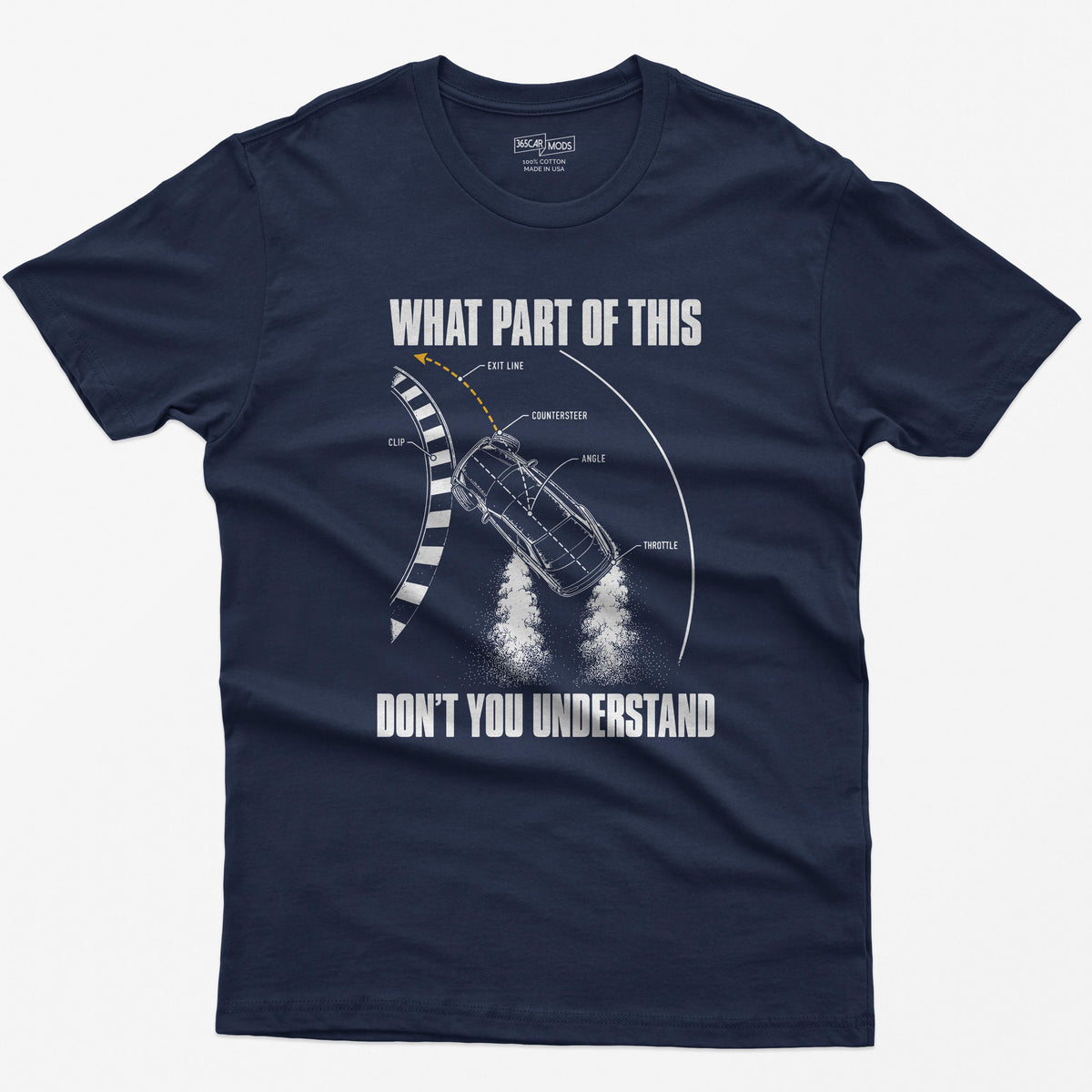 Navy t-shirt with a What Part Of This Don't You Understand print: a drifting car seen from above with the clip, countersteer, angle and throttle labeled
