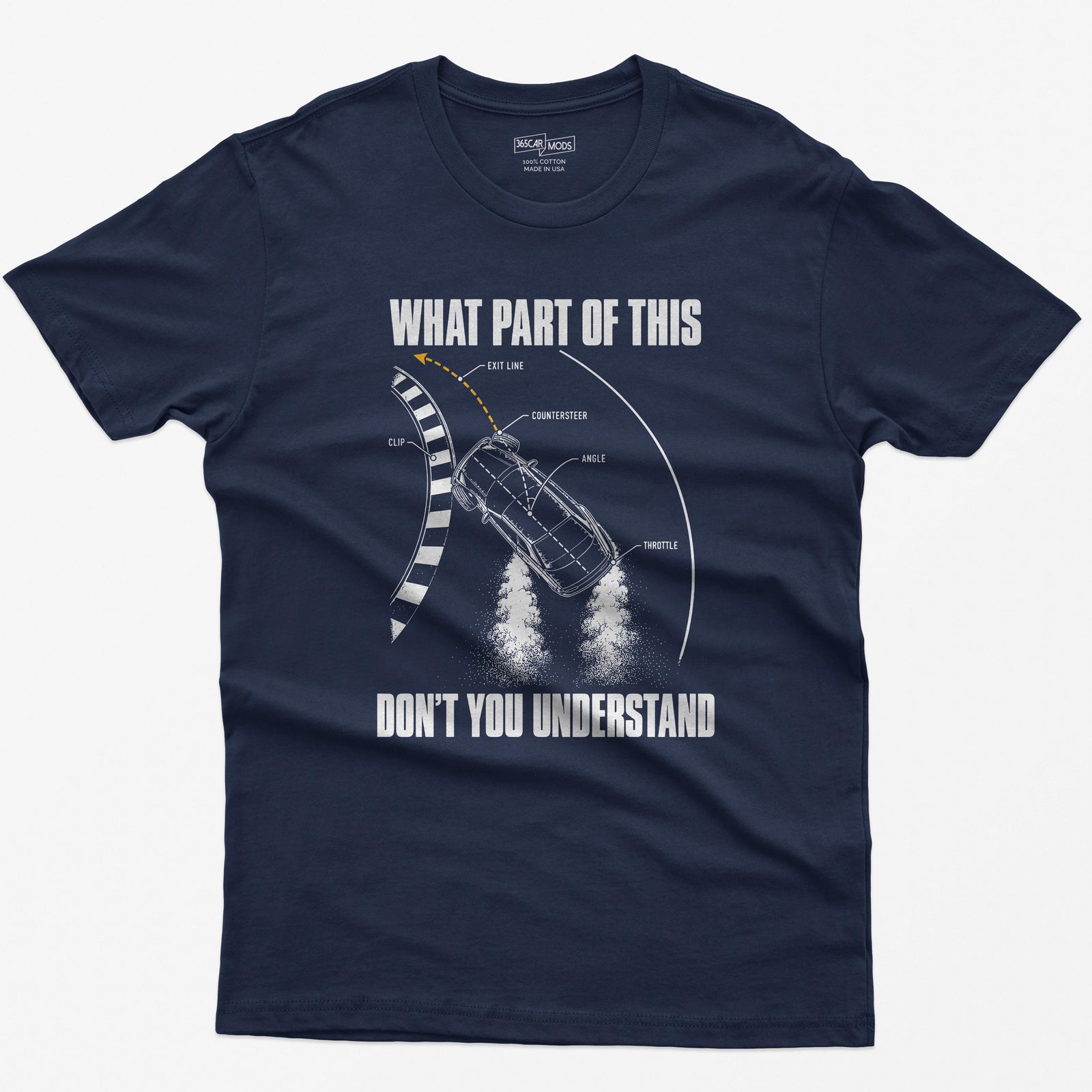 Navy t-shirt with a What Part Of This Don't You Understand print: a drifting car seen from above with the clip, countersteer, angle and throttle labeled