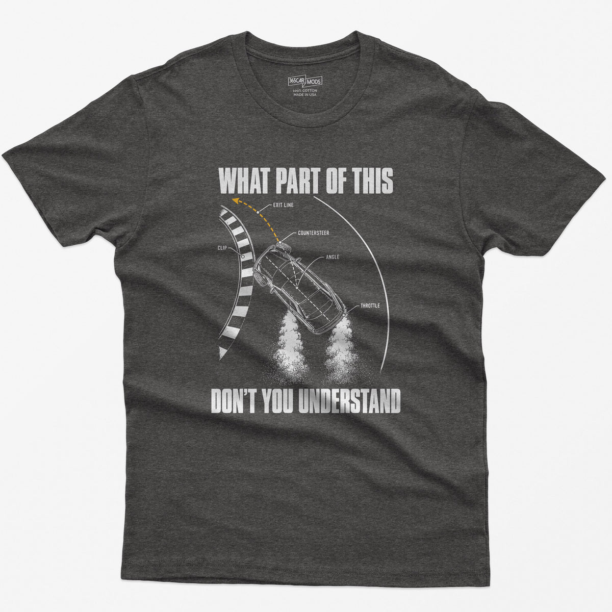 Dark Heather t-shirt with a What Part Of This Don't You Understand print: a drifting car seen from above with the clip, countersteer, angle and throttle labeled