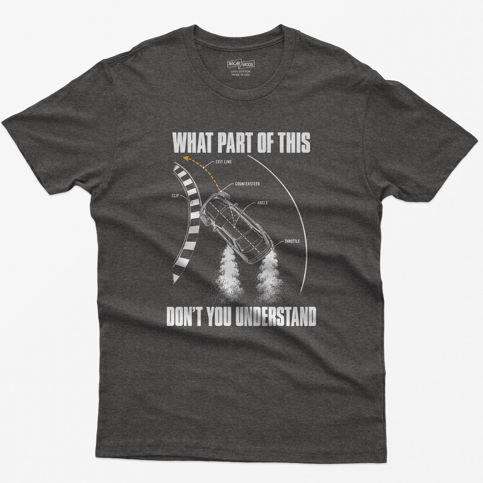 Dark Heather t-shirt with a What Part Of This Don't You Understand print: a drifting car seen from above with the clip, countersteer, angle and throttle labeled