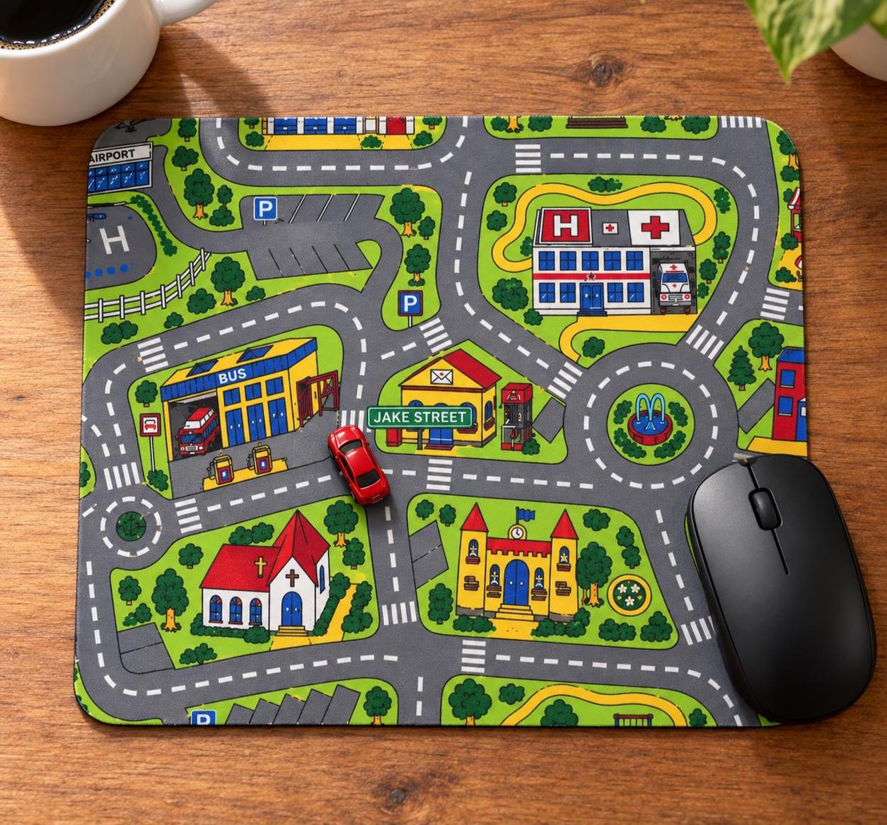 Personalized road rug mouse pad with a JAKE STREET sign, a toy car and a mouse, top view on a wooden desk