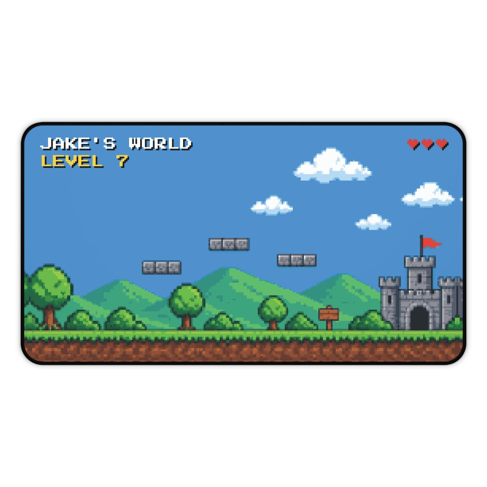 Personalized pixel art desk mat with name and level, top view