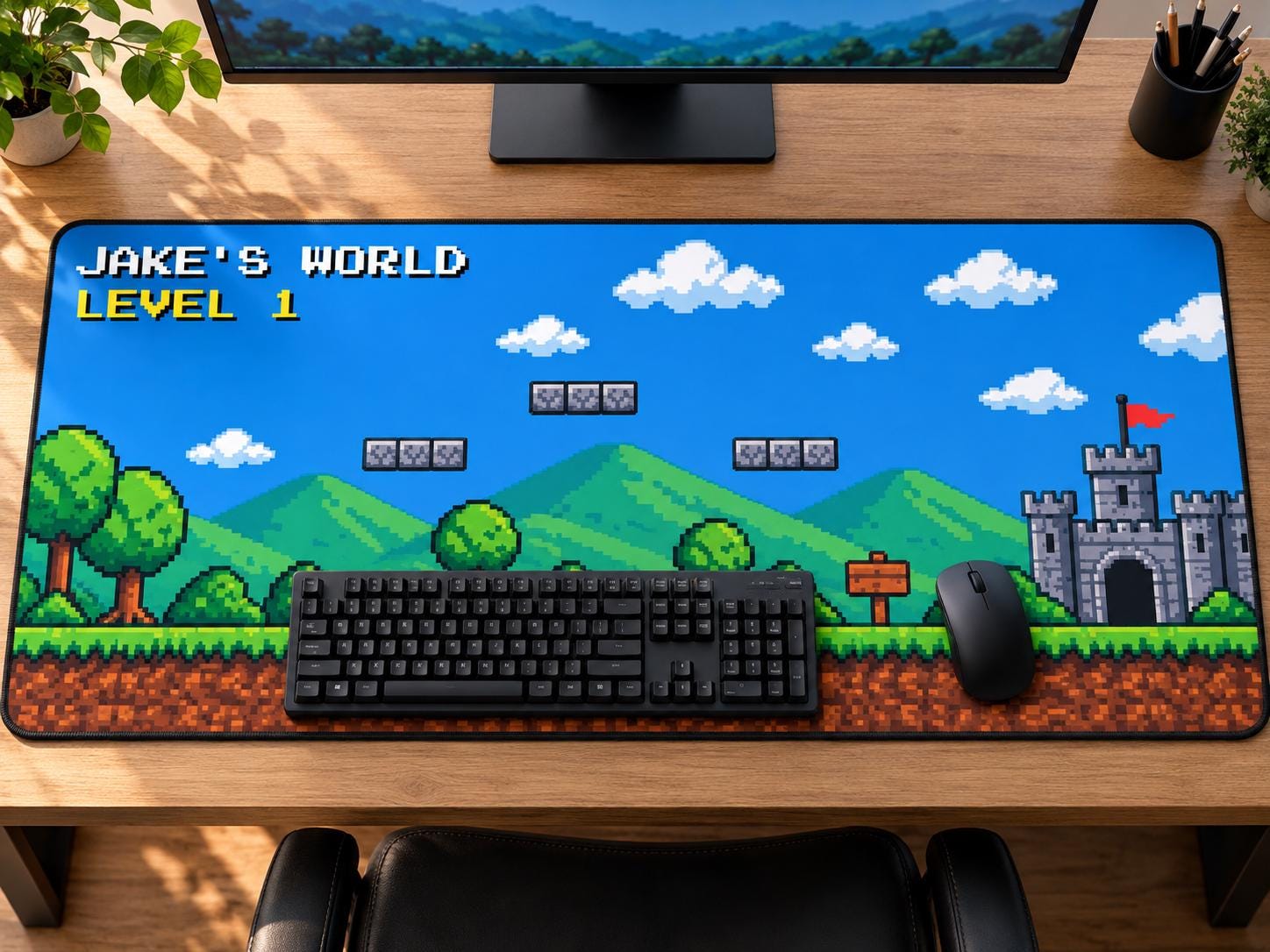 16 x 32 in personalized pixel art gaming desk mat under a full keyboard and mouse