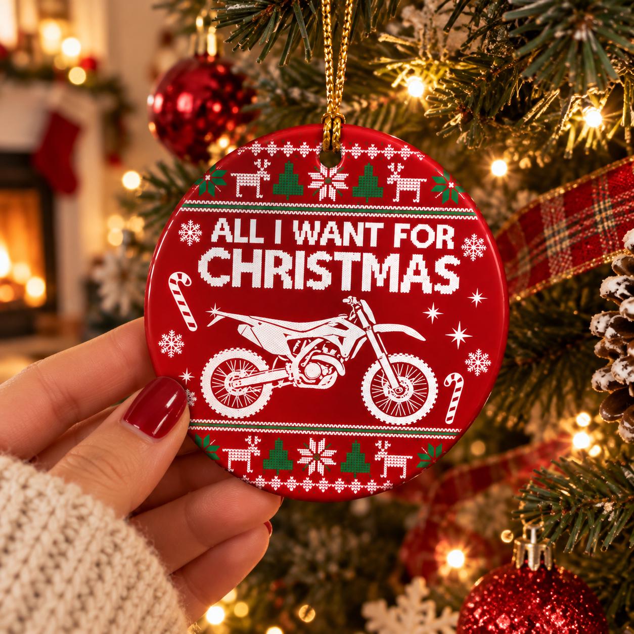 All I Want For Christmas motorcycle ornament, personalized bike silhouette
