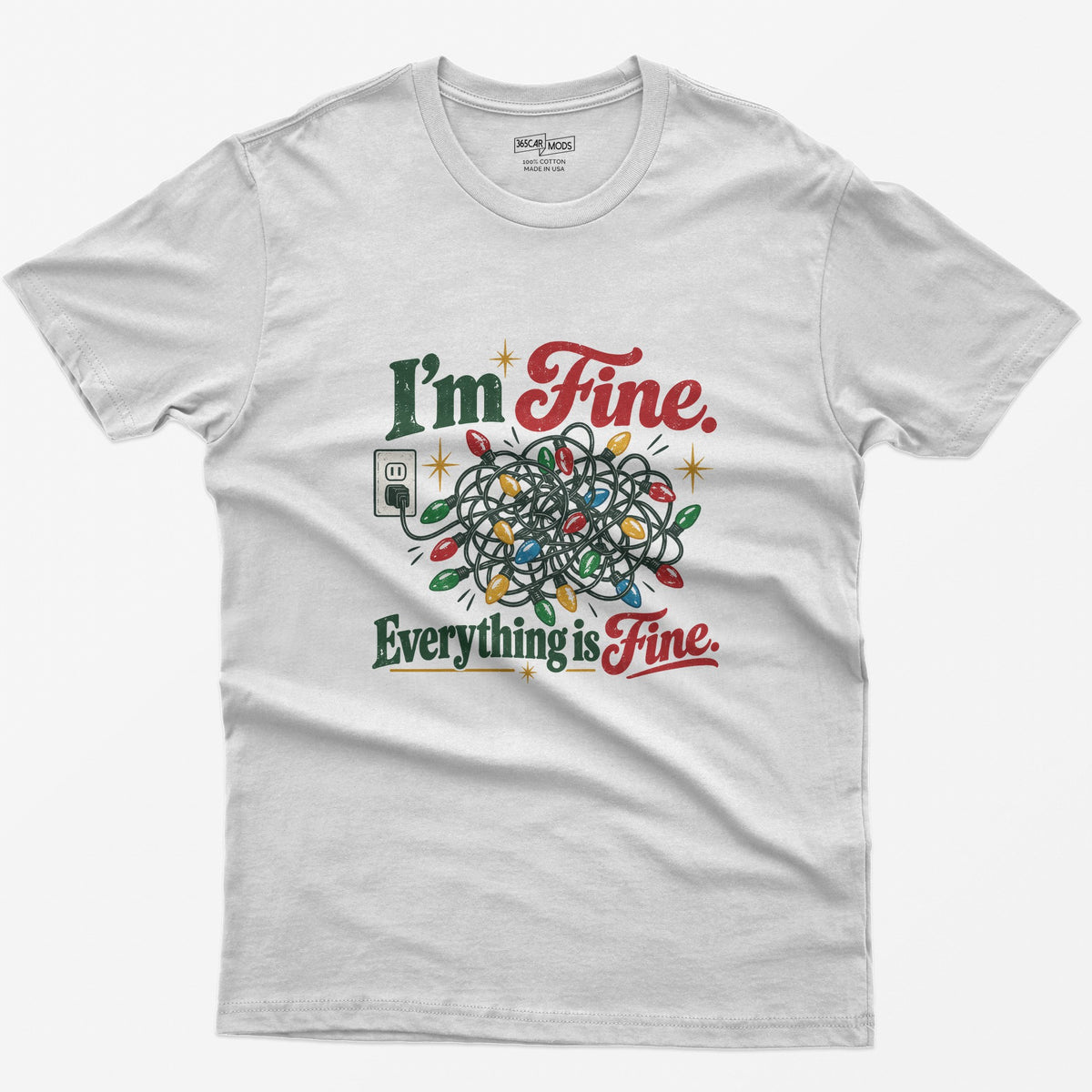 I'm Fine Everything Is Fine T-Shirt | Tangled Lights Christmas Tee featuring tangled lights design on white tee.