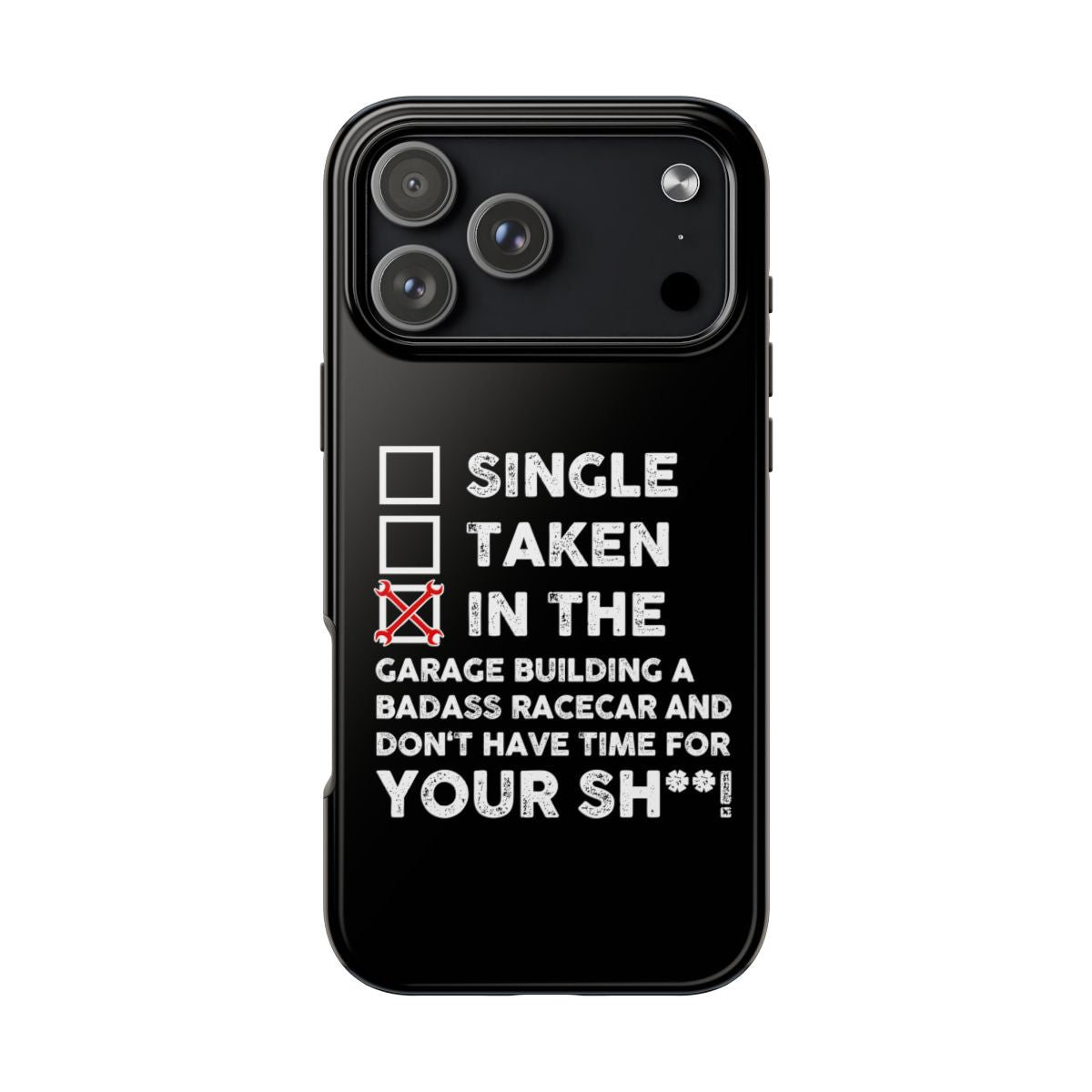 In the Garage Building a Racecar tough phone case on iPhone 18 Pro Max, back view