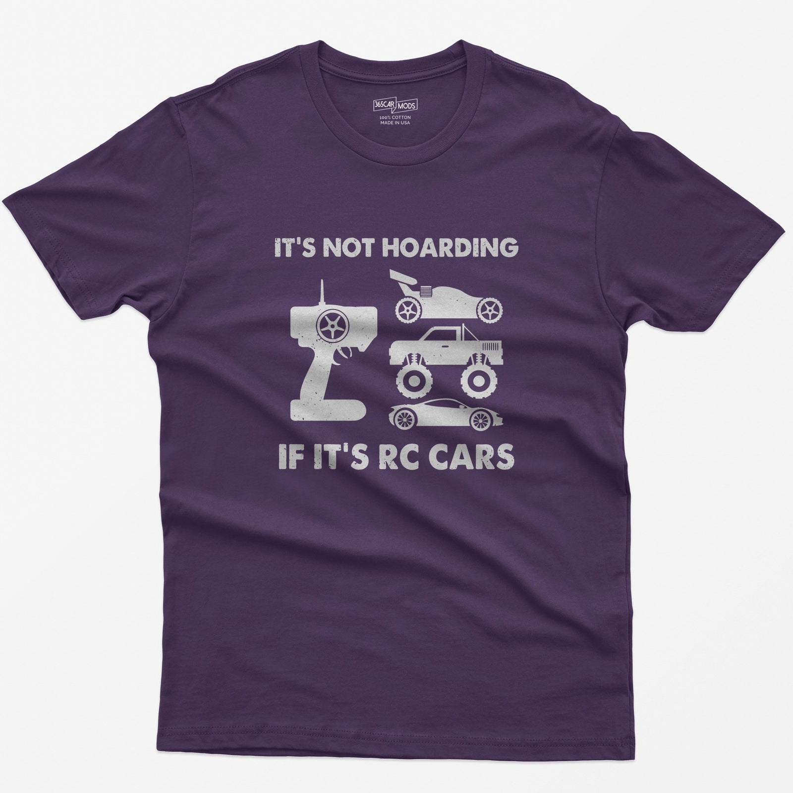 Purple t-shirt with It's Not Hoarding If It's RC Cars text, a radio transmitter, RC buggy, monster truck and drift car