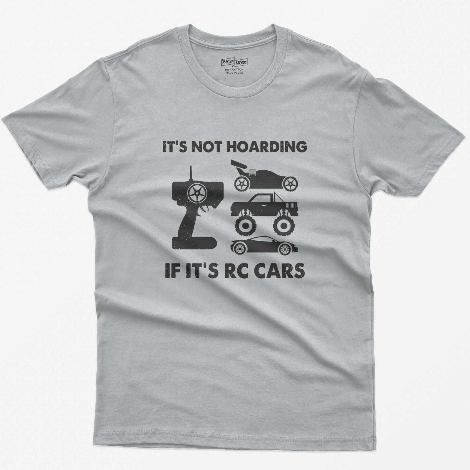 Sport Grey t-shirt with It's Not Hoarding If It's RC Cars text, a radio transmitter, RC buggy, monster truck and drift car