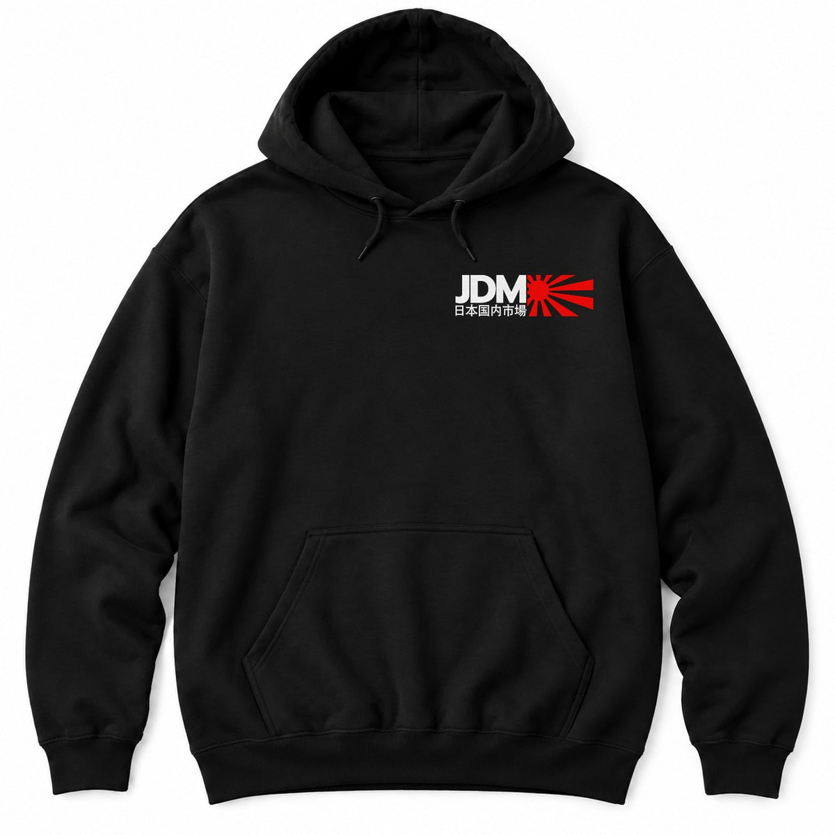 Black hoodie with large JDM letters, Japanese text for Japanese domestic market and a red rising sun with rays