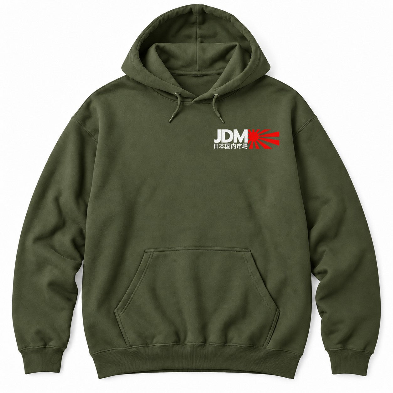 Military Green hoodie with large JDM letters, Japanese text for Japanese domestic market and a red rising sun with rays