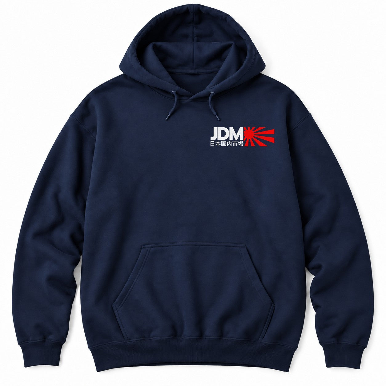 Navy hoodie with large JDM letters, Japanese text for Japanese domestic market and a red rising sun with rays