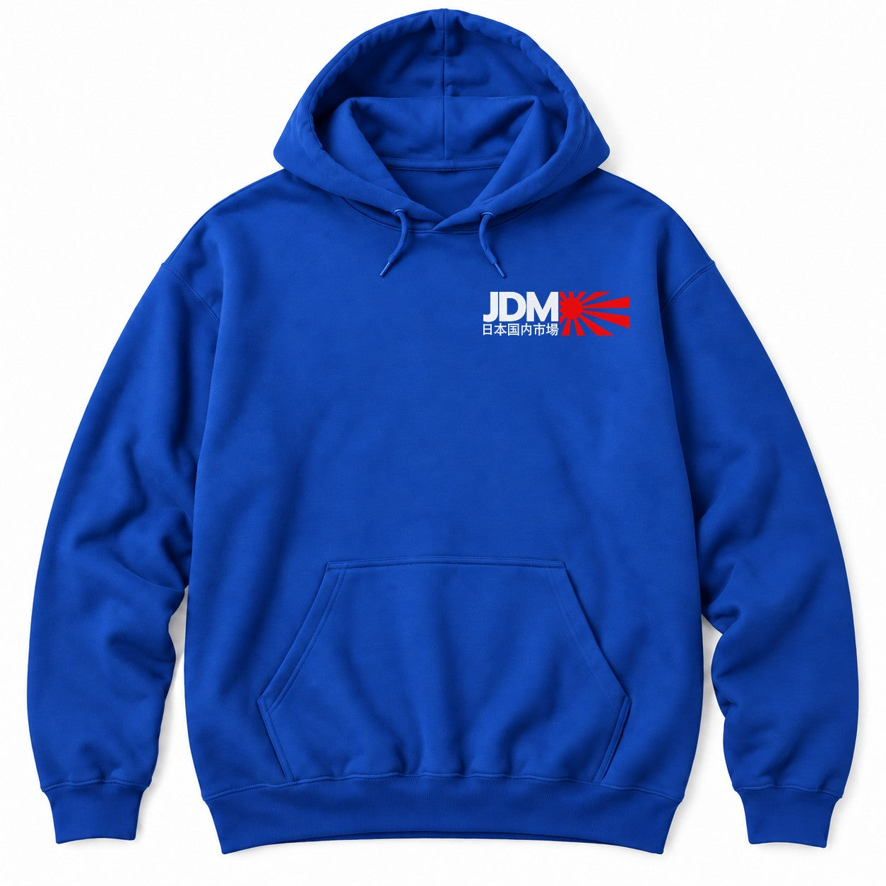 Royal hoodie with large JDM letters, Japanese text for Japanese domestic market and a red rising sun with rays