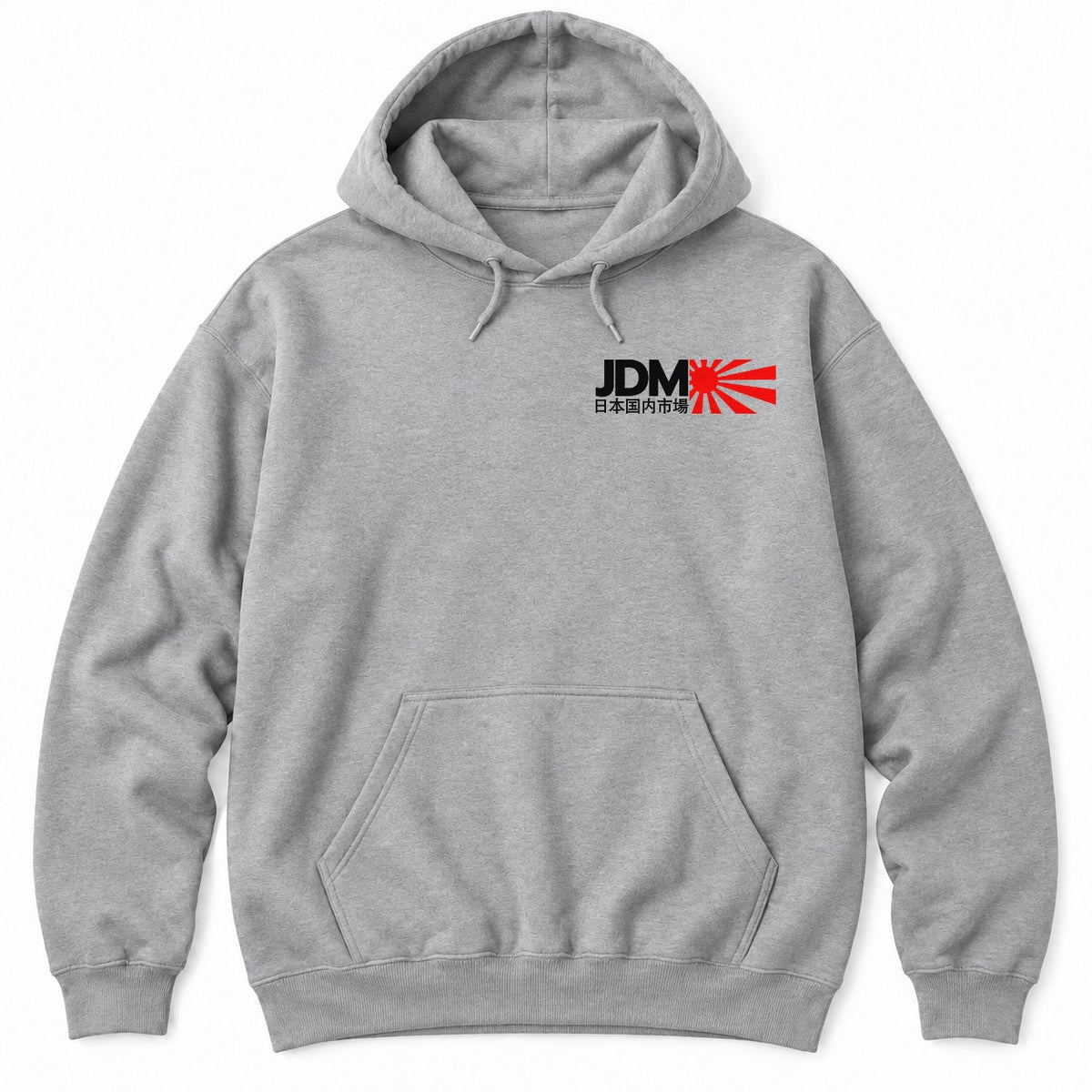 Sport Grey hoodie with large JDM letters, Japanese text for Japanese domestic market and a red rising sun with rays