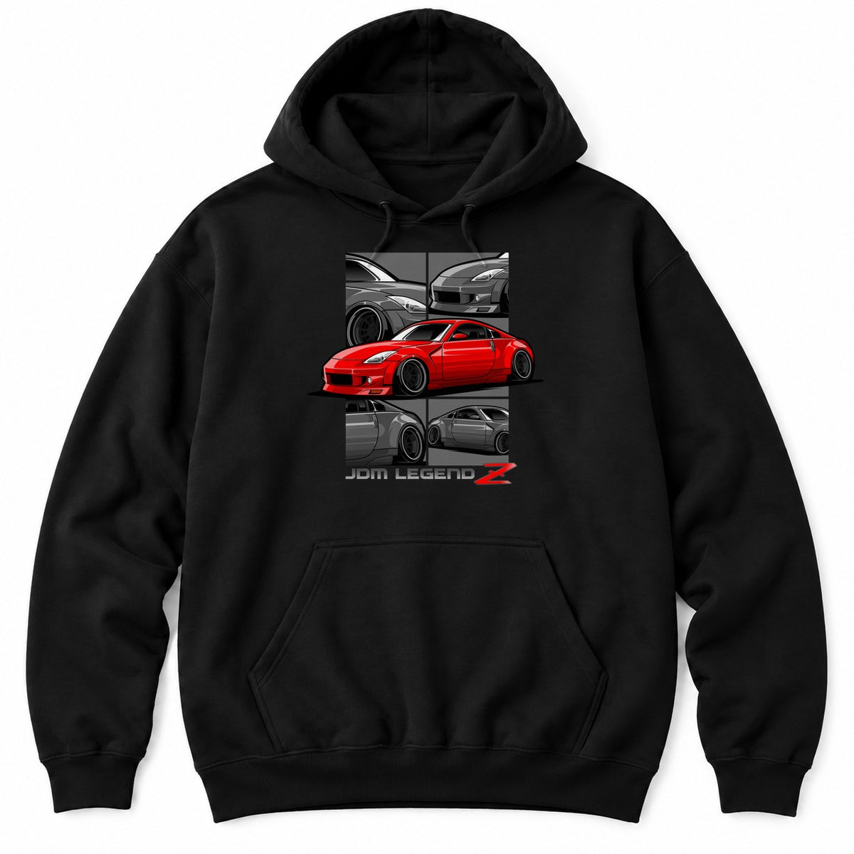 Black hoodie with a red widebody JDM coupe framed by grey close-up panels above JDM LEGEND lettering