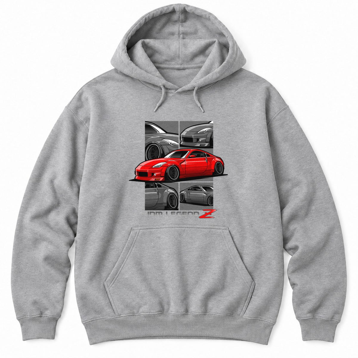 Sport Grey hoodie with a red widebody JDM coupe framed by grey close-up panels above JDM LEGEND lettering