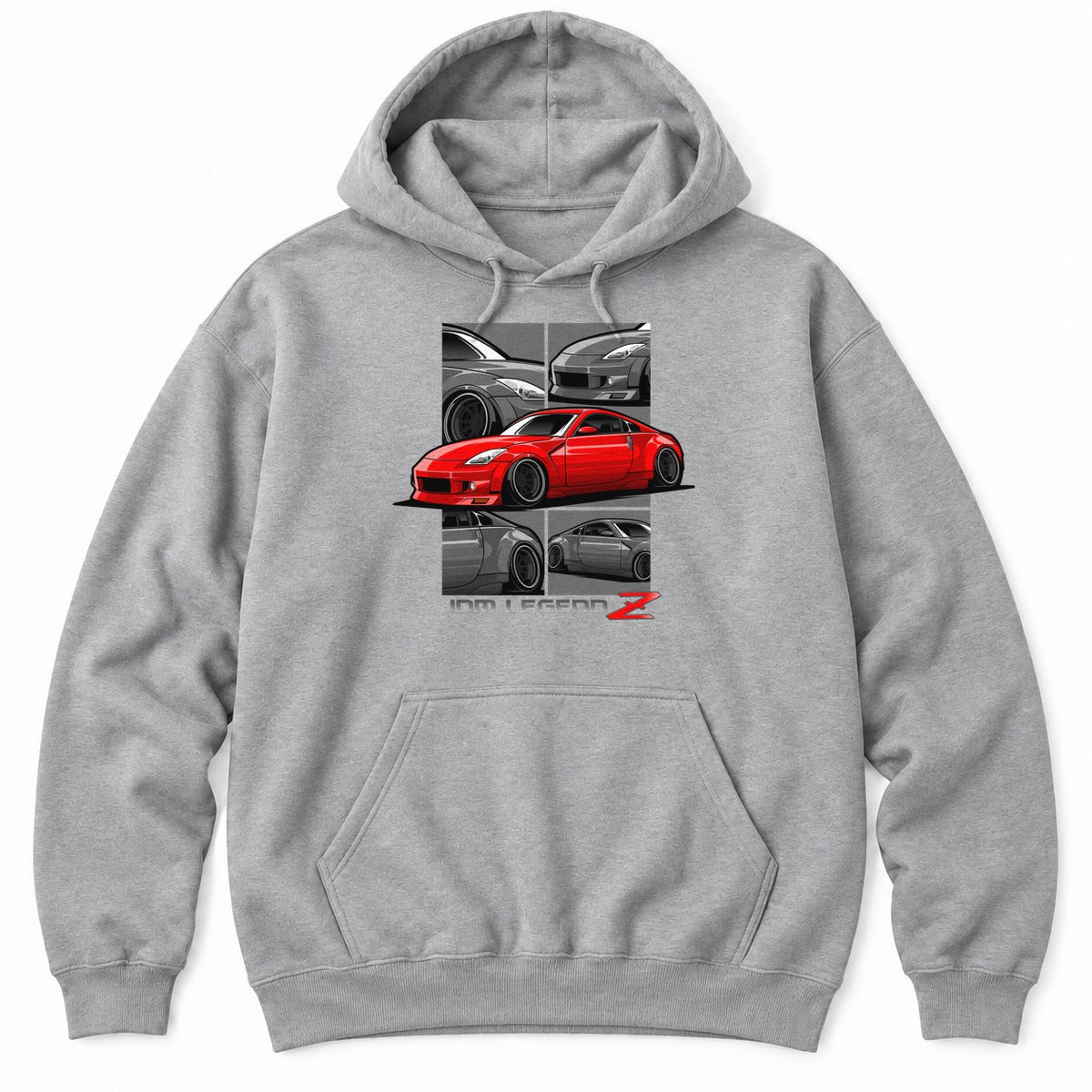 Sport Grey hoodie with a red widebody JDM coupe framed by grey close-up panels above JDM LEGEND lettering