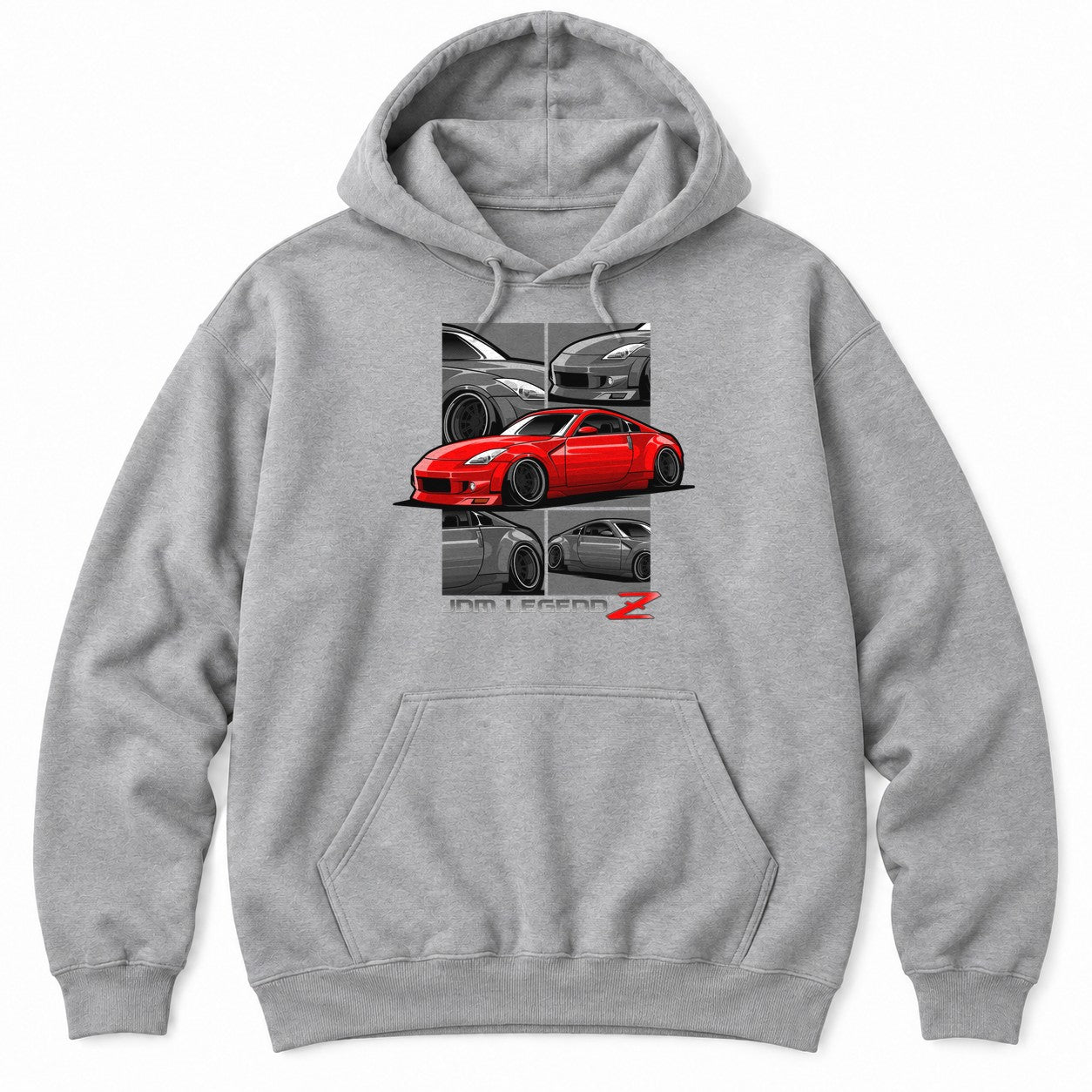 Black hoodie with a red widebody JDM coupe framed by grey close-up panels above JDM LEGEND lettering
