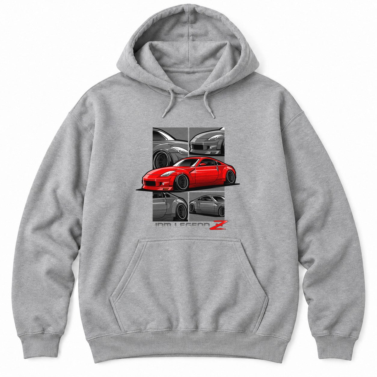 Black hoodie with a red widebody JDM coupe framed by grey close-up panels above JDM LEGEND lettering