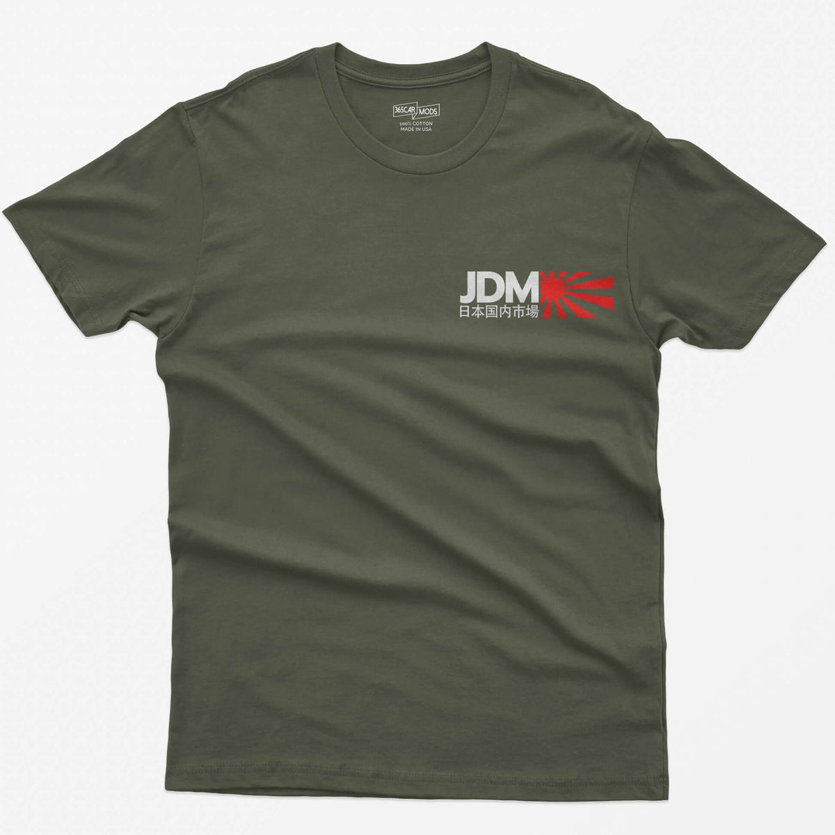Military Green t-shirt with bold white JDM letters, Japanese characters beneath and a red rising sun graphic