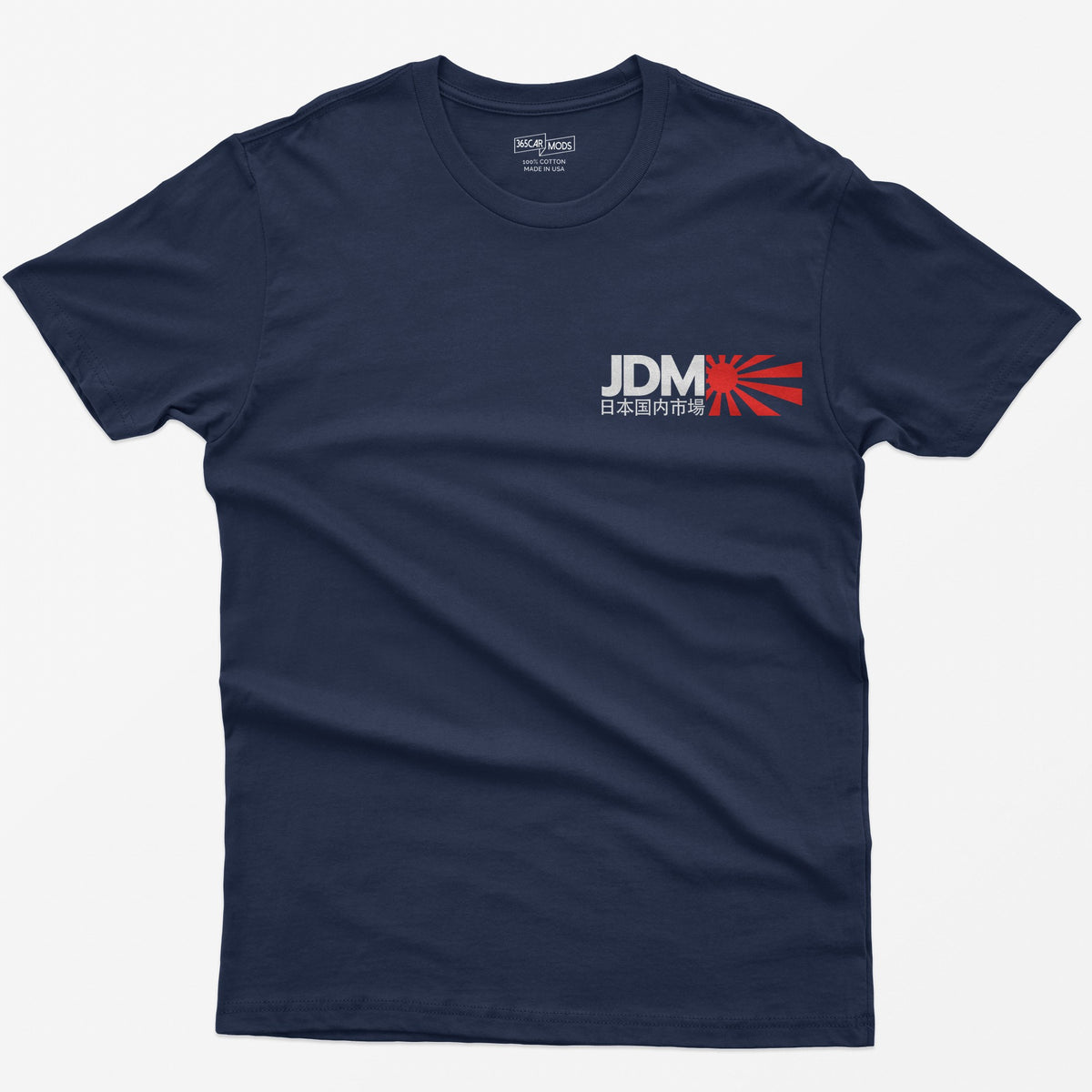 Navy t-shirt with bold white JDM letters, Japanese characters beneath and a red rising sun graphic