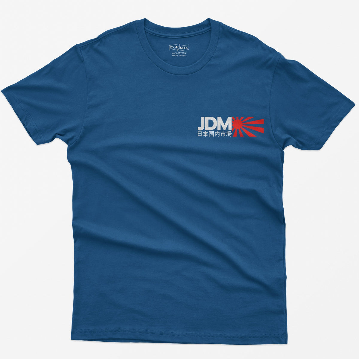 Royal t-shirt with bold white JDM letters, Japanese characters beneath and a red rising sun graphic