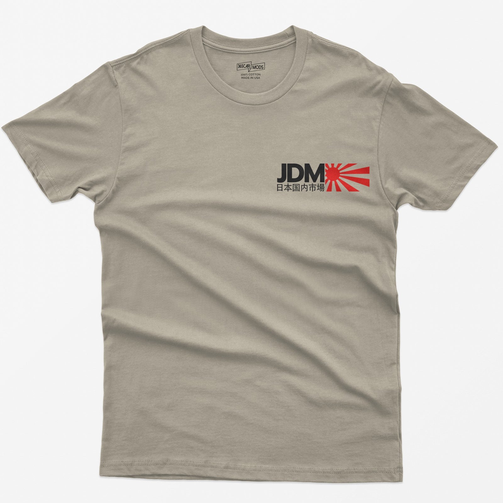 Sand t-shirt with bold white JDM letters, Japanese characters beneath and a red rising sun graphic