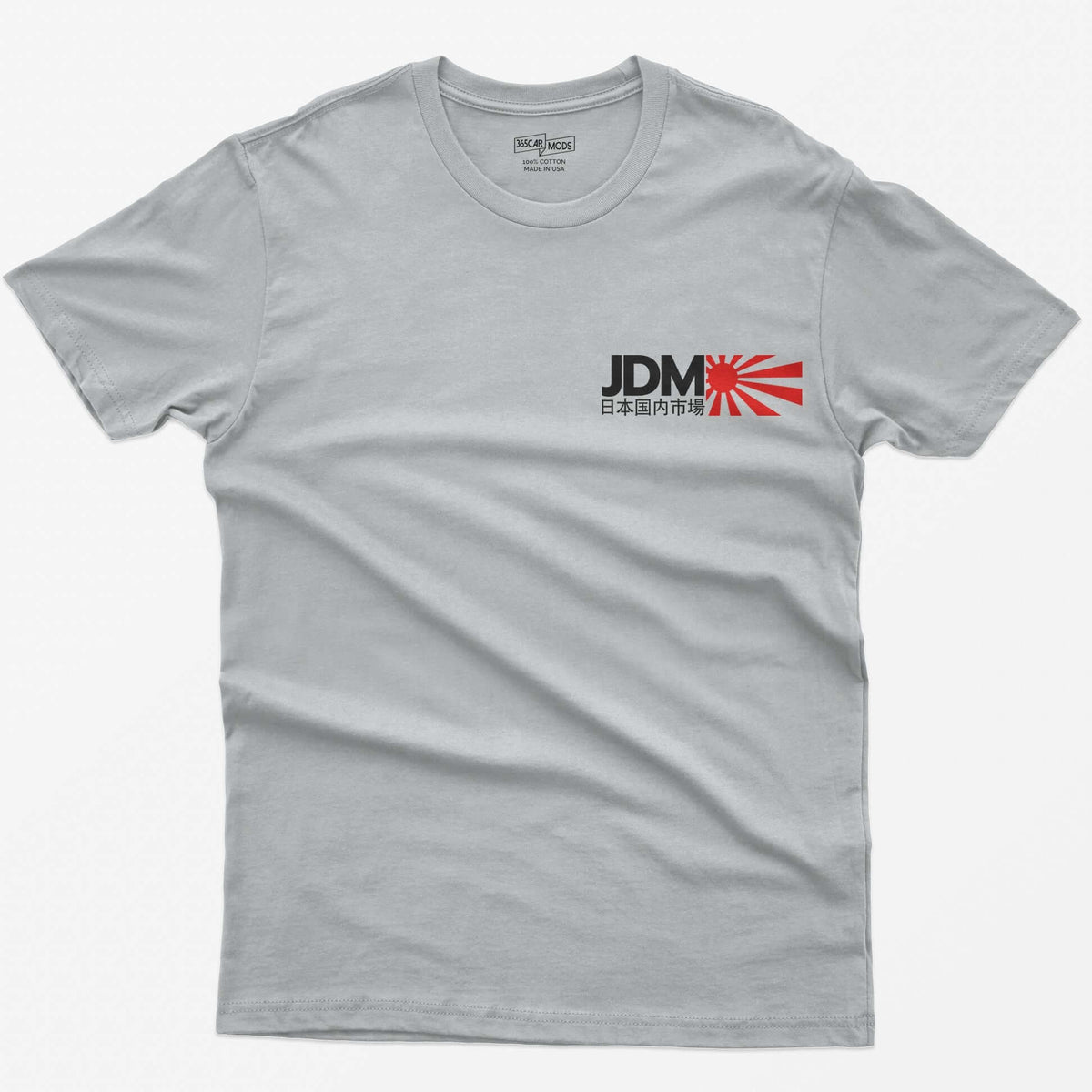 Sport Grey t-shirt with bold white JDM letters, Japanese characters beneath and a red rising sun graphic