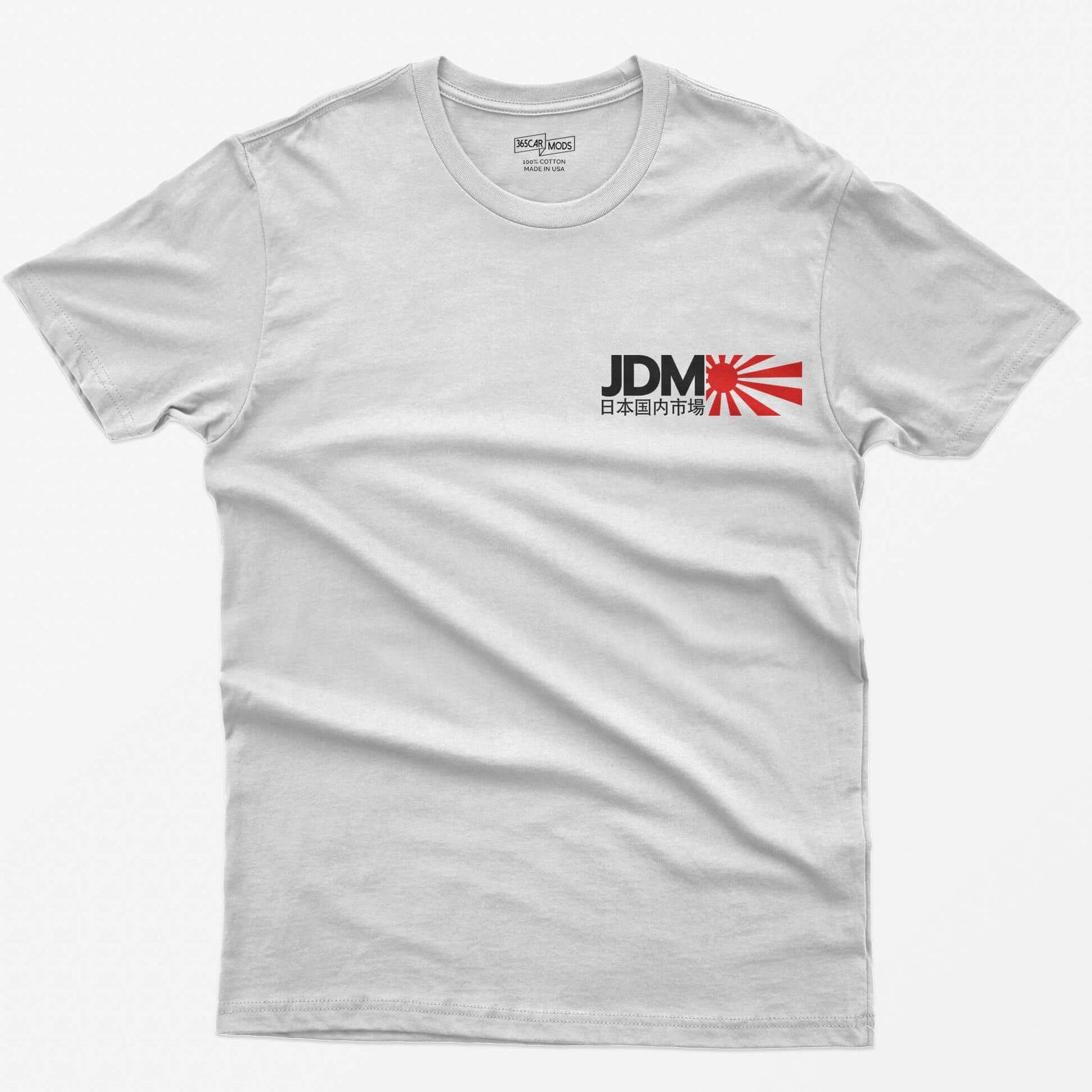 White t-shirt with bold white JDM letters, Japanese characters beneath and a red rising sun graphic