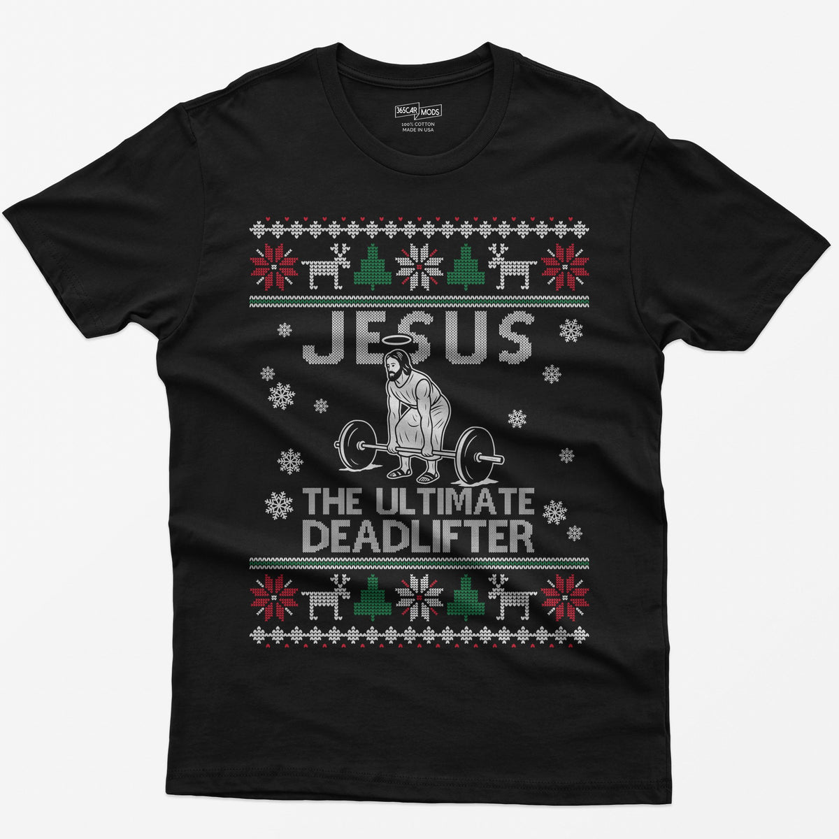 Black t-shirt with Jesus The Ultimate Deadlifter knit text and a haloed figure deadlifting a barbell, ugly sweater border