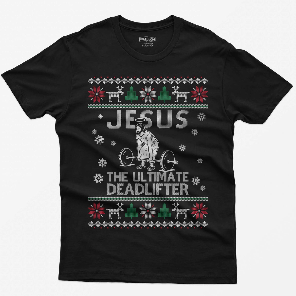 Black t-shirt with Jesus The Ultimate Deadlifter knit text and a haloed figure deadlifting a barbell, ugly sweater border