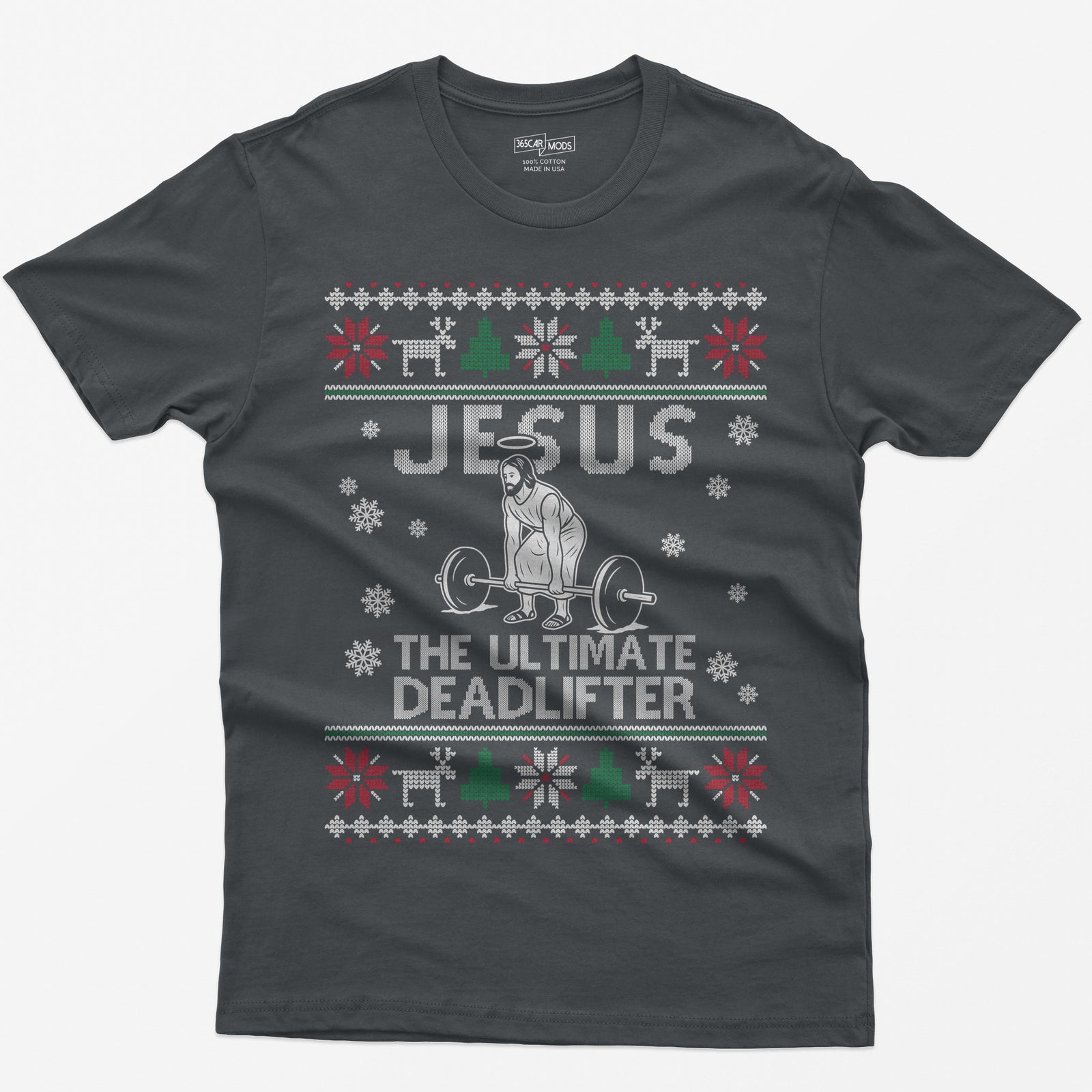 Charcoal t-shirt with Jesus The Ultimate Deadlifter knit text and a haloed figure deadlifting a barbell, ugly sweater border