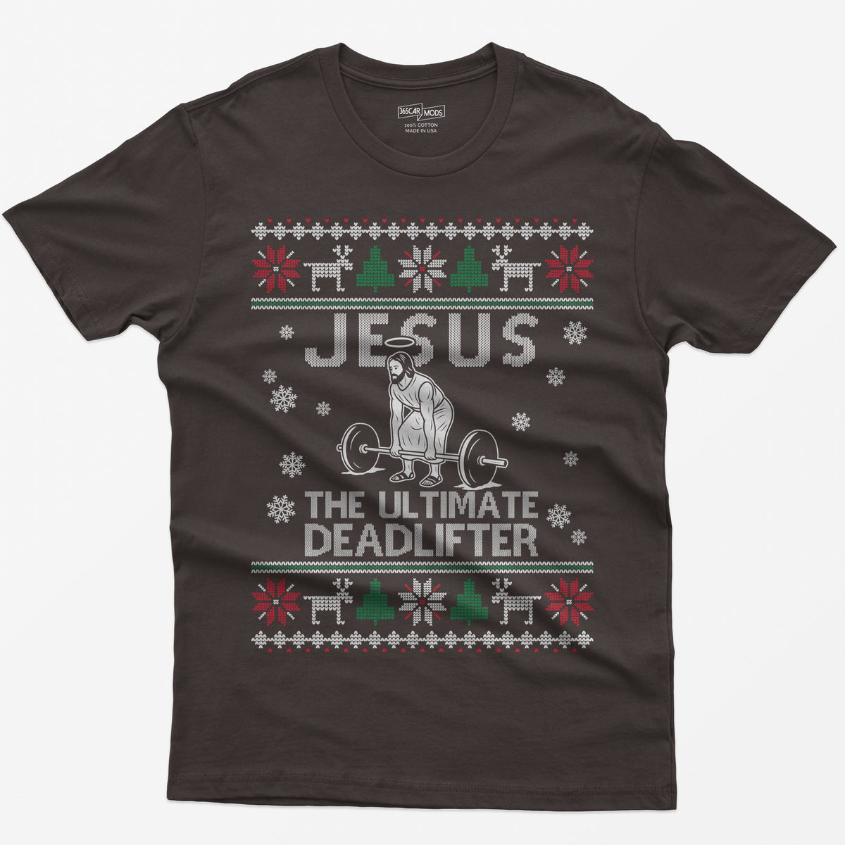 Dark Chocolate t-shirt with Jesus The Ultimate Deadlifter knit text and a haloed figure deadlifting a barbell, ugly sweater border