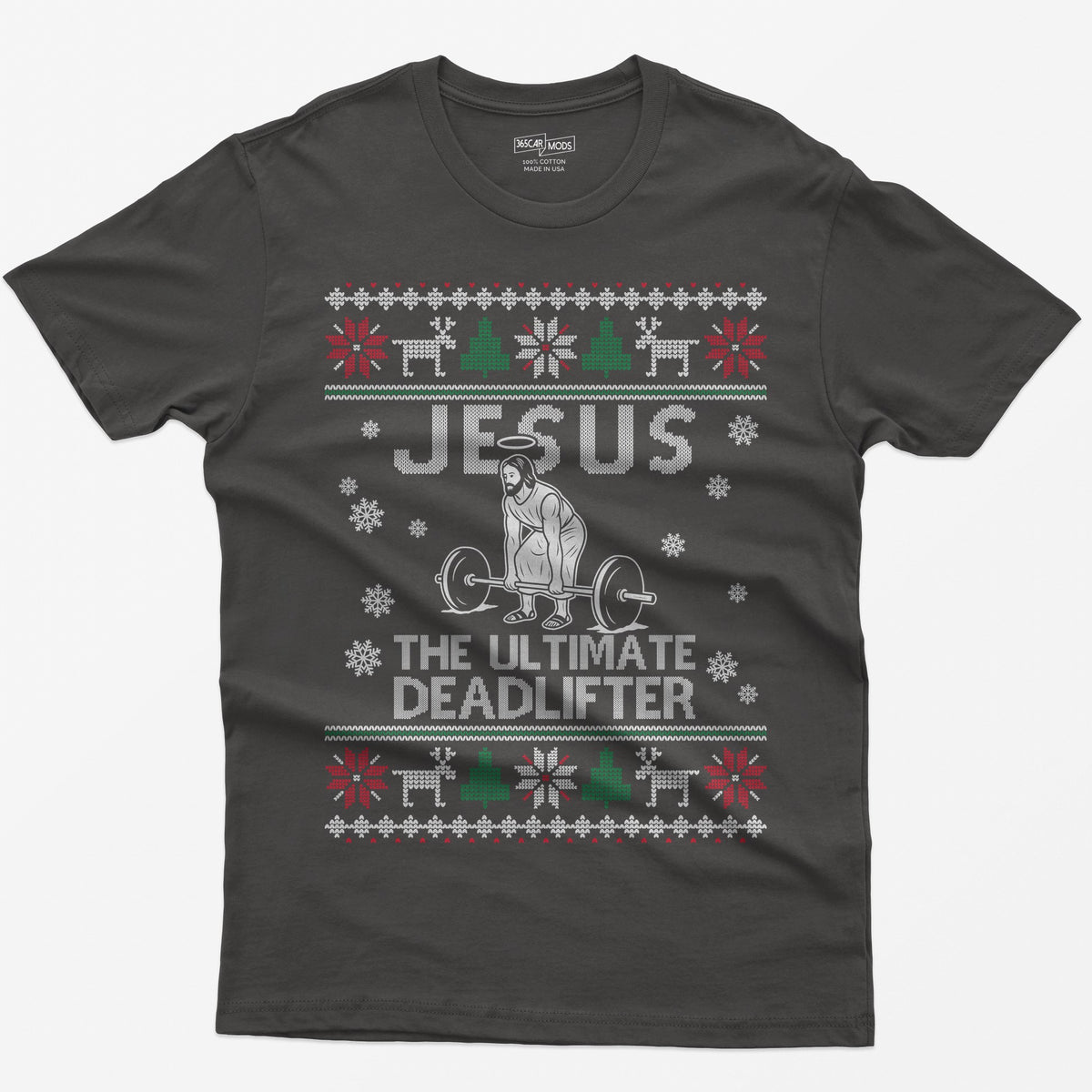 Dark Heather t-shirt with Jesus The Ultimate Deadlifter knit text and a haloed figure deadlifting a barbell, ugly sweater border