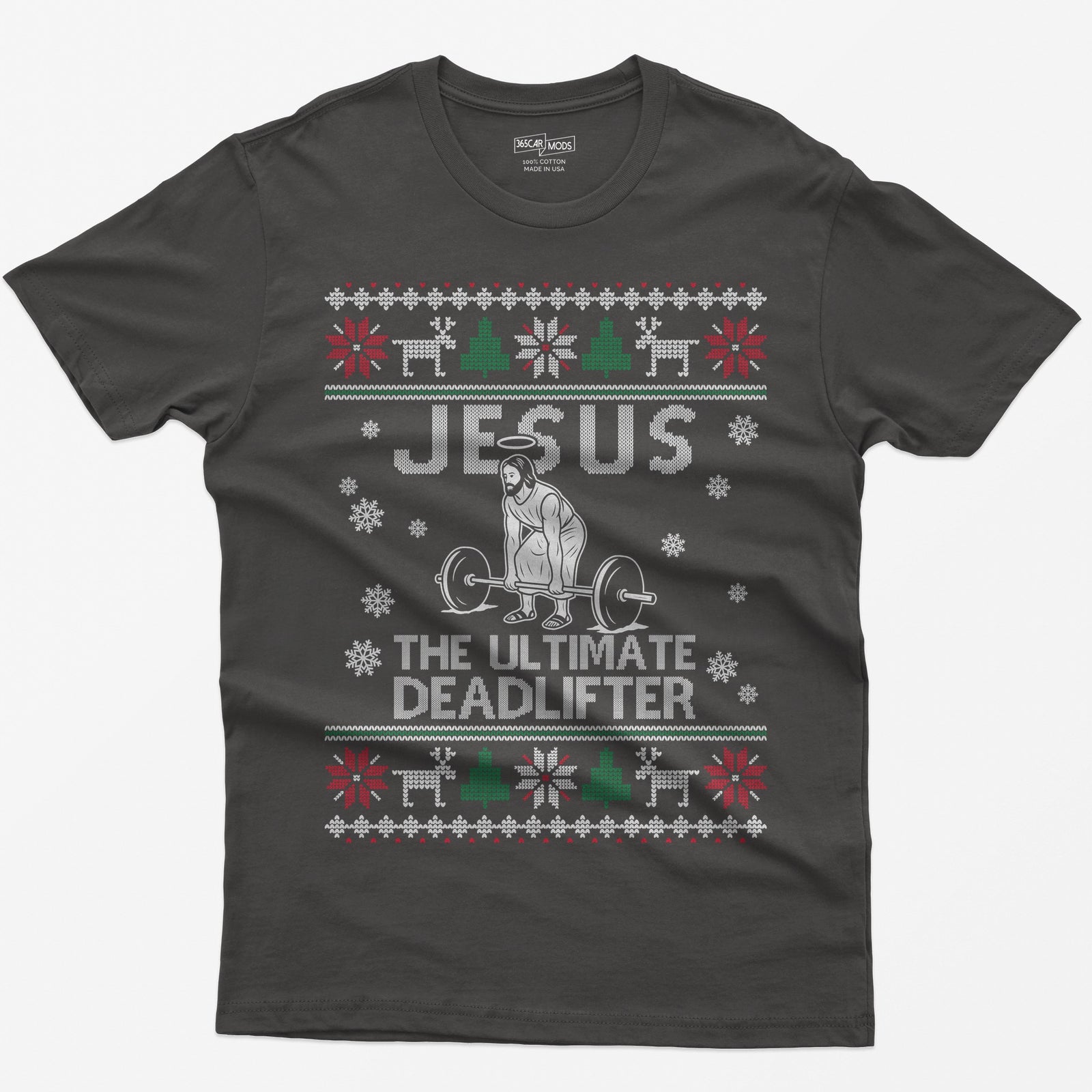 Dark Heather t-shirt with Jesus The Ultimate Deadlifter knit text and a haloed figure deadlifting a barbell, ugly sweater border