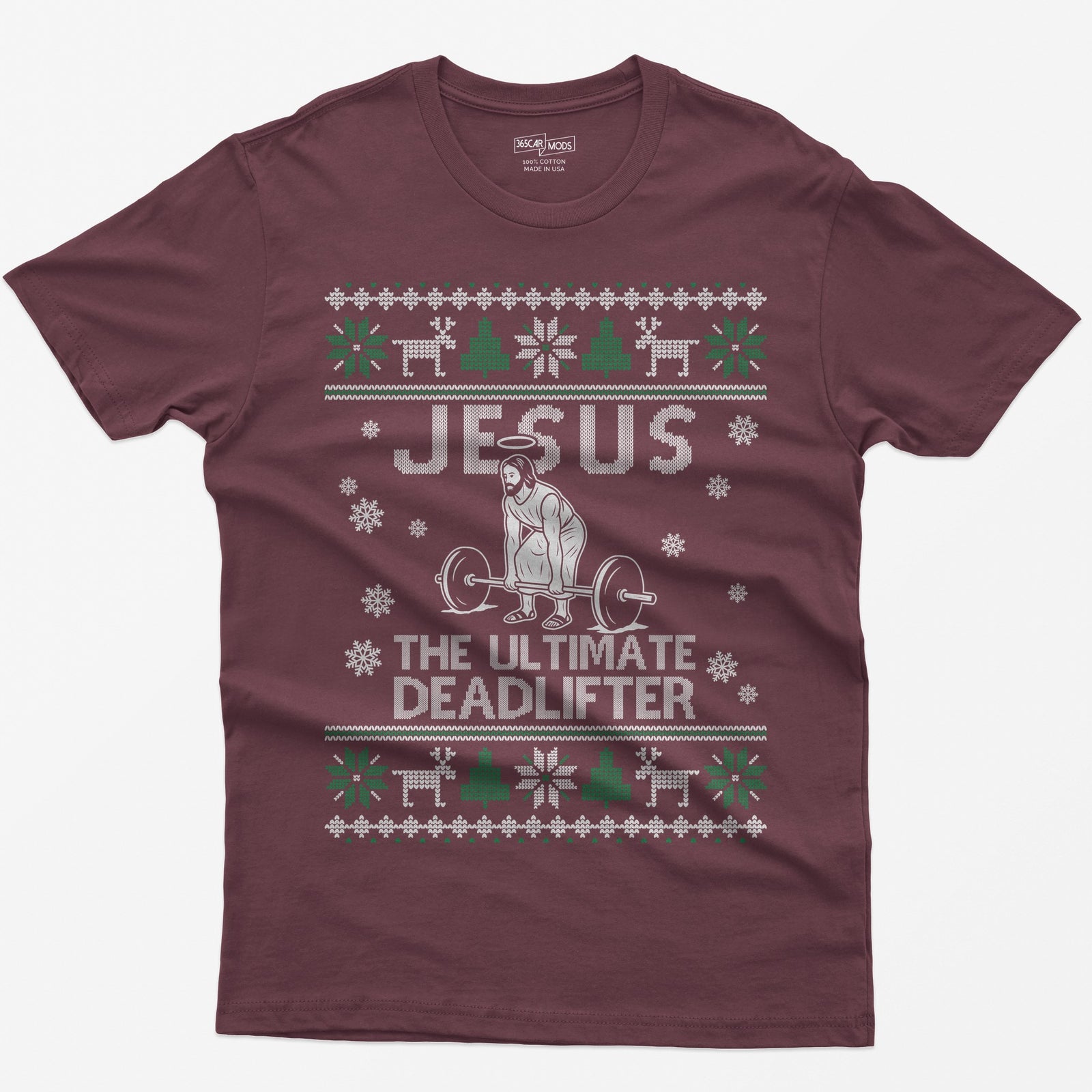 Maroon t-shirt with Jesus The Ultimate Deadlifter knit text and a haloed figure deadlifting a barbell, ugly sweater border