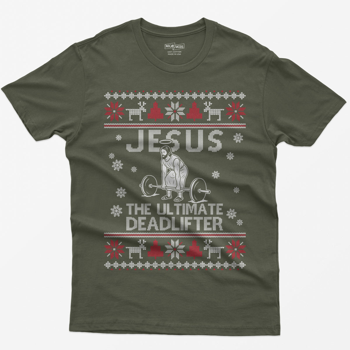 Military Green t-shirt with Jesus The Ultimate Deadlifter knit text and a haloed figure deadlifting a barbell, ugly sweater border