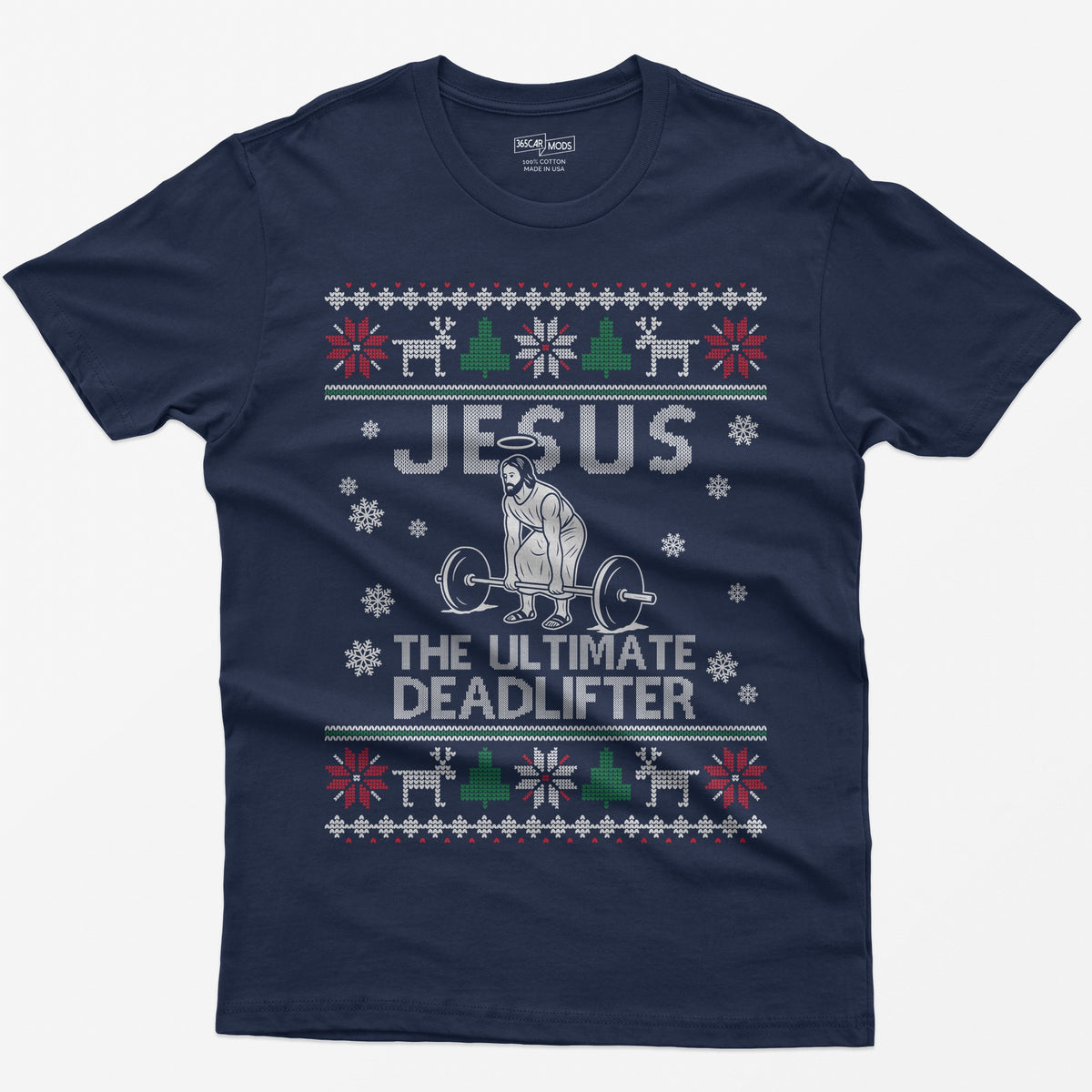 Navy t-shirt with Jesus The Ultimate Deadlifter knit text and a haloed figure deadlifting a barbell, ugly sweater border