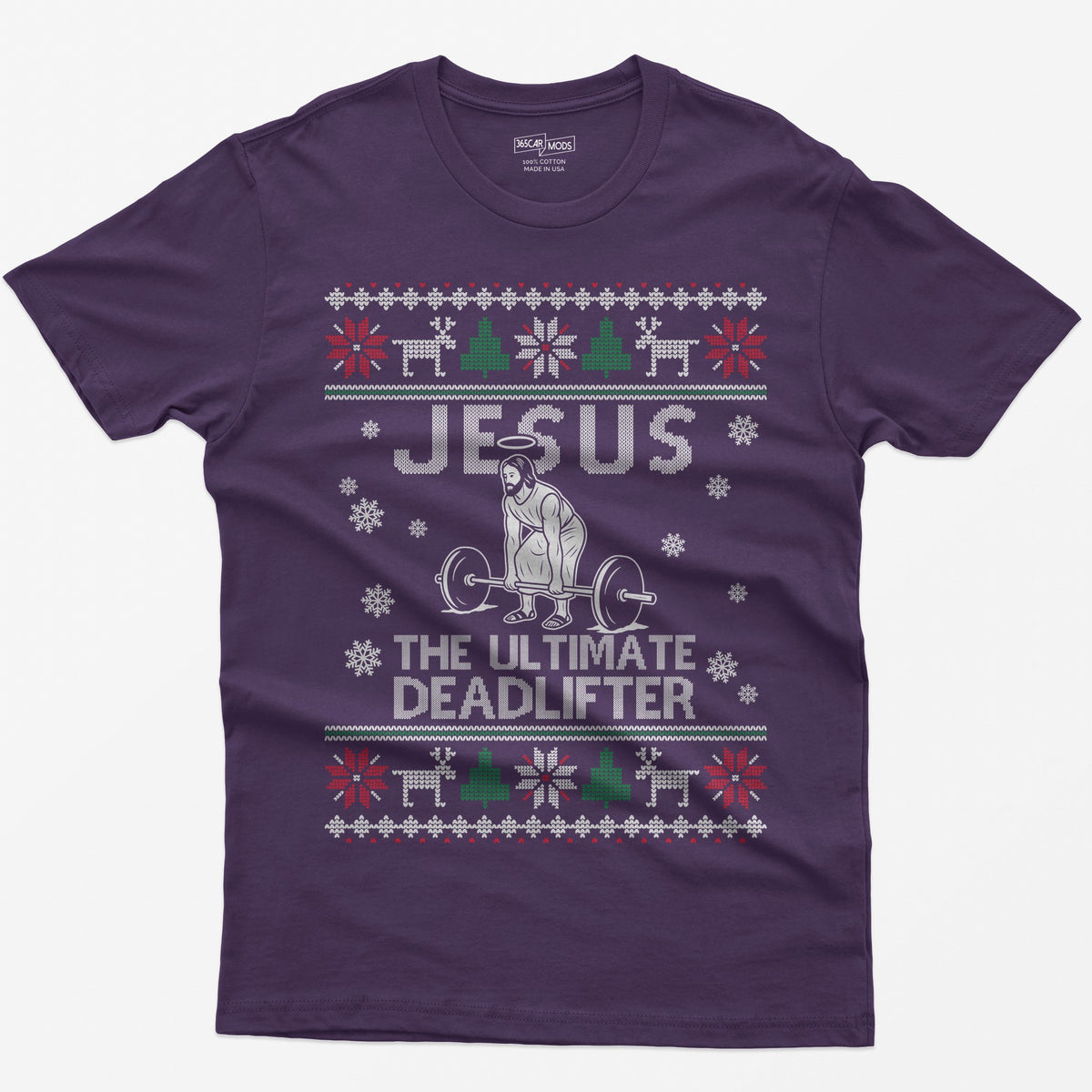 Purple t-shirt with Jesus The Ultimate Deadlifter knit text and a haloed figure deadlifting a barbell, ugly sweater border