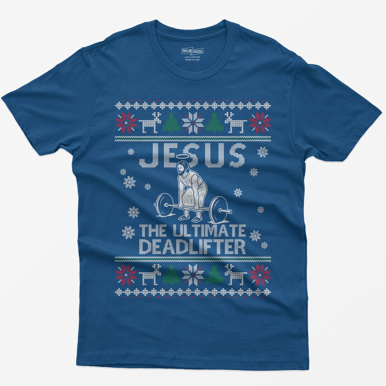 Royal t-shirt with Jesus The Ultimate Deadlifter knit text and a haloed figure deadlifting a barbell, ugly sweater border