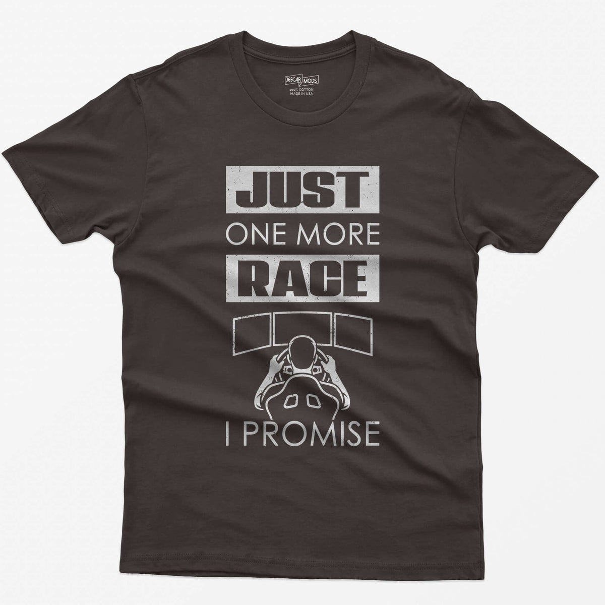 Dark Chocolate t-shirt with Just One More Race I Promise and a sim racer at a triple monitor racing rig drawn in white