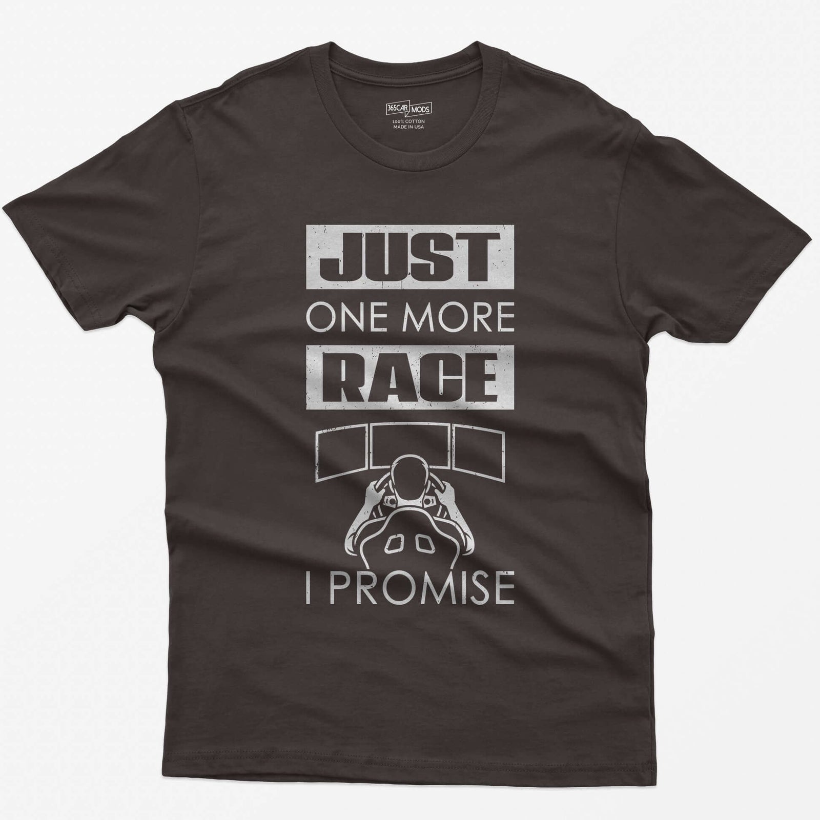 Dark Chocolate t-shirt with Just One More Race I Promise and a sim racer at a triple monitor racing rig drawn in white